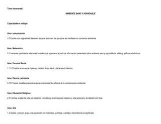 Tema transversal:

                                                                        “AMBIENTE SANO Y AGRADABLE”



Capacidades a trabajar:



Área: comunicación

3.7 Escribe con originalidad diferentes tipos de textos en los que pone de manifiesto su conciencia ambiental.



Área: Matemática

3.1 Interpreta y establece relaciones causales que argumenta a partir de información presentada sobre ambiente sano y agradable en tablas y gráficos estadísticos



Área: Personal Social

1.1.3. Practica acciones de higiene y cuidado de su salud y de la salud colectiva.



Área: Ciencia y ambiente

3.15 Propone medidas preventivas para contrarrestar los efectos de la contaminación ambiental.



Área: Educación Religiosa

2.4 Formula un plan de vida con objetivos concretos y acciones para mejorar su vida personal y de relación con Dios.



Área: Arte

1.2 Diseña y crea en grupo una exposición con historietas y viñetas o carteles, transmitiendo el significado.
 