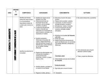 ORGANIZ
          A
AREA                  COMPETENCIA                       CAPACIDADES                            CONOCIMIENTOS                                    ACTITUDES
        DOR

                 Identifica las diversas        Identifica los órganos de los       Estructura y función del cuerpo              Se cuida de afecciones y accidentes.
                 partes del cuerpo humano        sentidos y los cuida.                humano.
                 y su funcionamiento,           Diferencia las formas de            Órganos de los sentidos: cuidados.
                 desarrollando hábitos de        locomoción de los eres              Locomoción: en seres humanos y
                                                 humanos y de los animales            animales terrestres y acuáticos.
                 cuidado pata conservar la
                                                 terrestres y acuáticos.             Articulaciones huesos y músculos.
                 salud.                         Localiza las articulaciones,        Formas de locomoción de seres
                                                 huesos y músculos que                humanos y animales modelos
                                                 intervienen en el movimiento de      articulados.
                                                 seres humanos y animales y los
                                                 representa en modelos.
                                                                                     Alimentos de la localidad de Yanacoto
                                                                                      y de Lima
                                                Identifica similitudes y            Partes del cuerpo
                                                 diferencias en las partes del       Rasgos fisonómicos de personas de
                                                 cuerpo y rasgos fisonómicos          igual o de diferente sexo, de una familia
                                                 entre las personas de igual o de     o de familias diferentes. semejanzas y
                                                 diferente sexo y entre miembros      diferencias
                                                 de una familia o familias
                                                 diferentes.
                                                                                                                                   Toma decisiones para consumir
                 Identifica los alimentos de                                                                                        alimentos nutritivos locales.
                 la localidad                   Registra las enfermedades mas
                                                 comunes de la localidad: y
                                                 practica formas para                  Tecnología y salud                          Tolera y acepta las diferencias.
                                                 prevenirlas: consumo de agua
                                                 segura y otros.                     Enfermedades comunes de la localidad
                                                                                      de Yanacoto.


                                                                                      Formas de previsión
                                                Identifica plantas y animales de
                                                 su entorno en sus habitad.          Agua apta para consumo humano.


                                                Registra en tablas, plantas y       Ecosistema
 