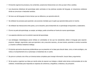  El docente organiza los procesos y los contenidos, propicia las interacciones con otros ya sean niños o adultos.


 Las situaciones didácticas del aprendizaje están centradas en las prácticas sociales del lenguaje, en situaciones cotidianas
   donde se comunican e interpretan sentidos.


 Se hace uso del lenguaje al mismo tiempo que se reflexiona y se aprende sobre él.


 Se enfatizan los procesos para aprender y las acciones mentales que el sujeto que aprende debe poner en marcha.


 Se enfatizan las interacciones entre pares y con el docente, para el desarrollo de un aprendizaje enriquecedor y colaborativo.


 El error es parte del aprendizaje, se acepta, se trabaja, puede convertirse en fuente de nuevos aprendizajes.


 Los aspectos afectivos son la condición esencial del aprendizaje.


 Las estrategias metodológicas ponen énfasis en actividades en las que los estudiantes utilicen el lenguaje para exponer,
   proponer, dialogar, argumentar, para que aprendan a dar y escuchar razones y, de esa manera, aprendan a construir acuerdos
   y a resolver conflictos mediante el diálogo.


 El docente aprovecha situaciones problemáticas que se presenten en la clase para discutir ideas, como un tema ecológico, una
   noticia, el comportamiento de un personaje o el desenlace de un cuento.


 Se pone en contacto a los niños con diversos textos completos para manejar información, buscar ideas y argumentos.


 Se les ayuda a organizar sus ideas por escrito antes de exponer sus trabajos o debatir sobre temas controversiales de la vida
   cotidiana, revisándolas para mejorarlas en aspectos de coherencia, ortográficos, sintácticos, de puntuación.
 