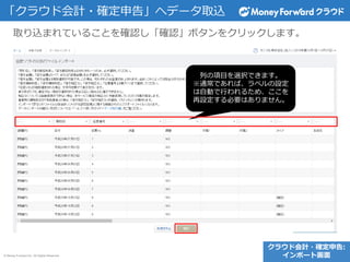 © Money Forward Inc. All Rights Reserved
「クラウド会計・確定申告」へデータ取込
取り込まれていることを確認し「確認」ボタンをクリックします。
列の項目を選択できます。
※通常であれば、ラベルの設定
は自動で行われるため、ここを
再設定する必要はありません。
クラウド会計・確定申告:
インポート画面
 