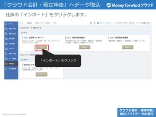 © Money Forward Inc. All Rights Reserved
仕訳の「インポート」をクリックします。
「クラウド会計・確定申告」へデータ取込
「インポート」をクリック
クラウド会計・確定申告:
他社ソフトデータの移行
 
