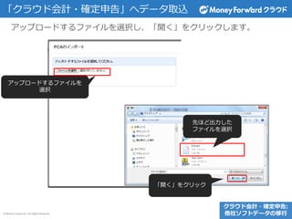 © Money Forward Inc. All Rights Reserved
「クラウド会計・確定申告」へデータ取込
アップロードするファイルを選択し、「開く」をクリックします。
クラウド会計・確定申告:
他社ソフトデータの移行
アップロードするファイルを
選択
先ほど出力した
ファイルを選択
「開く」をクリック
 