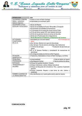 pág. 42
COMUNICACIÓN
CRONOLOGIA Julio
CALENDARIO COMUNAL
(festivo – productivo)
Saberes originarios
 Fiesta en honor al Patrón Santiago.
 Festividades por aniversario patrio.
CALENDARIO CIVICO,
ESCOLAR Y ECOLÓGICO
 06 Día del Maestro
 09 Día de las Batallas de Pucará, Marcavalle y Concepción
 09 Aniversario de la Batalla de Huamachuco
 15 Aniversario de la muerte del coronel Leoncio Prado
 23 Día del héroe capitán FAP José Abelardo Quiñones
 24 Día de los gloriosos hechos de armas de Zarumilla.
 28 Día de la Proclamación de la Independencia
09 Día Mundial de la Población y Poblamiento del Territorio
ACTIVIDADES
PLANIFICADAS
EN LA I.E.
 Actividades por el día del maestro 10 III Simulacro de
sismo.
 2da. Semana. Medición de Logros de Aprendizaje.
 2da. Semana, Feria de ciencia y tecnología, fase Institucional.
 13 Primer Día del logro.  Evaluación del plan lector por
grados.
 20 al 24 Semana Patriótica y consolidación de evaluaciones de
aprendizaje.
 24 entrega de boletas de Informe de Mis Progresos.
SITUACIÓN
SIGNIFICATIVA
 Tradiciones y festividades en honor al Patrón Santiago y a la Patria.
PROBLEMAS
PRIORIZADOS
 Irresponsabilidad  Falta de hábitos de higiene
 Desintegración familiar  Falta de práctica de valores.
ENFOQUES
TRANSVERSALES Y
VALORES
 Enfoque de Igualdad de género: Empatía
 Enfoque Intercultural; Justicia, Diálogo intercultural.
 Enfoque de Búsqueda de la Excelencia: Flex. y apertura, Superación
personal
 Enfoque Ambiental: Respeto a toda forma de vida, Justicia y
solidaridad.
NOMBRE SUGERIDO DE
LA UNIDAD DIDACTICA
 Nos identificamos con nuestra patria siendo cada día mejores.
 