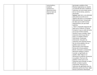 comunicativo y
establece
semejanzas y
diferencias entre
diversos tipos de
reglamentos.
personajes y palabras clave.
Plantear expectativas en relación
al contenido del texto. Establecer
relaciones con otros textos acerca
de los mismos temas, autores y
personajes.
Lectura: saber leer a una velocidad
adecuada de acuerdo con el
objetivo del lector y a la facilidad o
dificultad del texto. Comprender
las ideas que no estén escritas
expresamente y las que están
explícitas
. Hacer y responder preguntas del
texto que se refieran a lo literal.
Comparar lo que se sabía del tema
con lo que el texto contiene.
Verificar lo que se predijo. Hacer
relaciones entre lo que dice el
texto y la realidad. Ordenar
información. Parafrasear
información. Descubrir las
relaciones entre distintas formas
de una misma palabra, de una
palabra nueva con otra
desconocida y entre diversas
formas de la misma palabra:
flexión, derivación y composición.
Reconocer palabras y frases y
recordar su significado con
rapidez. Saber elegir en un
diccionario la acepción correcta de
una palabra. Pasar por alto
palabras nuevas que no son
relevantes para entender un texto.
Dividir un texto en partes
importantes. Reconocer las
relaciones de significado entre las
diferentes partes de la frase. Saber
buscar y encontrar información
 