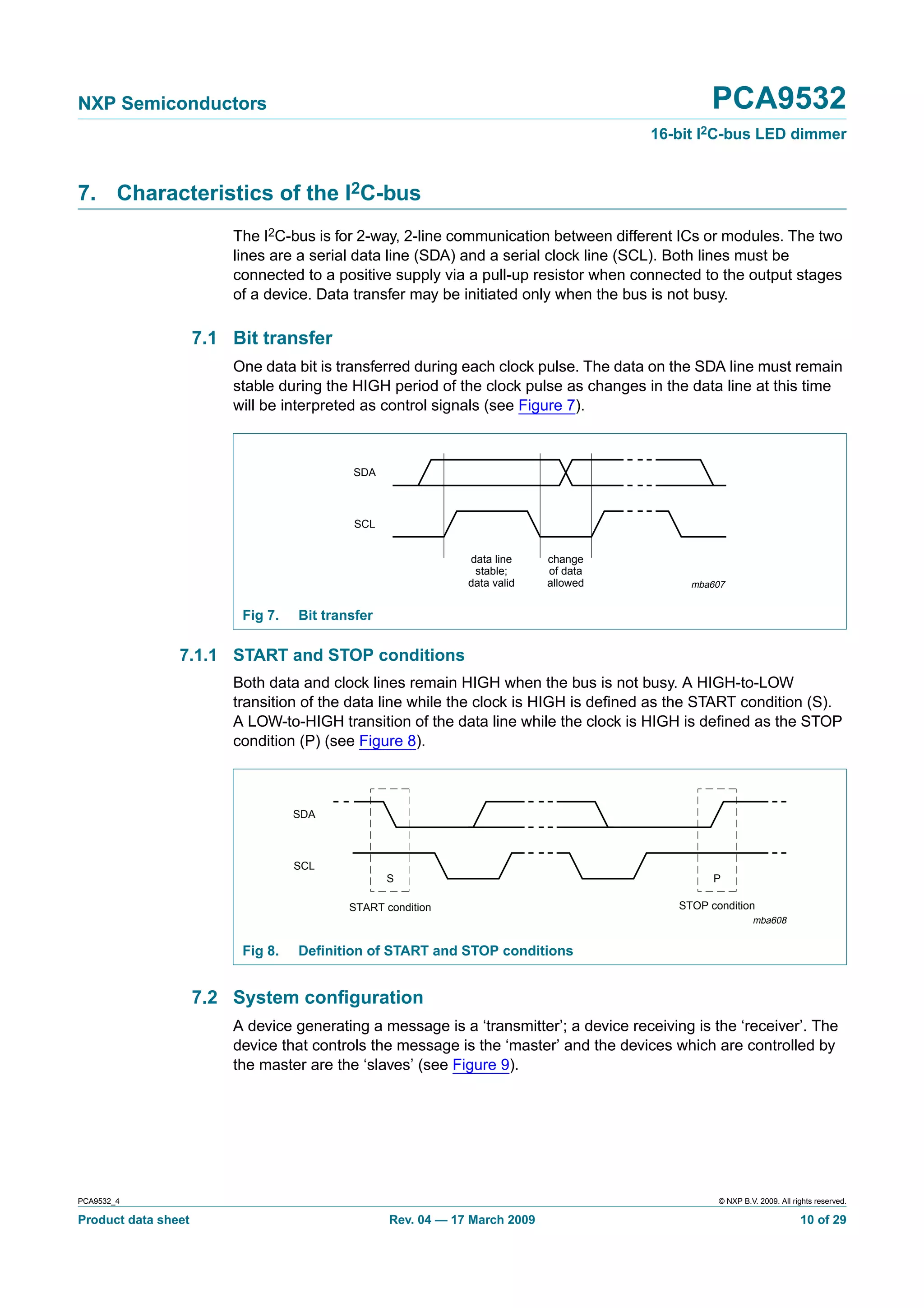 NXP Semiconductors                                                                                PCA9532
                                                                                       16-bit I2C-bus LED dimmer


7. Characteristics of the I2C-bus
                         The I2C-bus is for 2-way, 2-line communication between different ICs or modules. The two
                         lines are a serial data line (SDA) and a serial clock line (SCL). Both lines must be
                         connected to a positive supply via a pull-up resistor when connected to the output stages
                         of a device. Data transfer may be initiated only when the bus is not busy.

                     7.1 Bit transfer
                         One data bit is transferred during each clock pulse. The data on the SDA line must remain
                         stable during the HIGH period of the clock pulse as changes in the data line at this time
                         will be interpreted as control signals (see Figure 7).



                                           SDA



                                           SCL


                                                              data line     change
                                                               stable;      of data
                                                              data valid    allowed           mba607


                          Fig 7.   Bit transfer

                7.1.1 START and STOP conditions
                         Both data and clock lines remain HIGH when the bus is not busy. A HIGH-to-LOW
                         transition of the data line while the clock is HIGH is deﬁned as the START condition (S).
                         A LOW-to-HIGH transition of the data line while the clock is HIGH is deﬁned as the STOP
                         condition (P) (see Figure 8).



                                   SDA



                                   SCL
                                                  S                                               P

                                           START condition                                  STOP condition
                                                                                                            mba608


                          Fig 8.   Deﬁnition of START and STOP conditions


                     7.2 System conﬁguration
                         A device generating a message is a ‘transmitter’; a device receiving is the ‘receiver’. The
                         device that controls the message is the ‘master’ and the devices which are controlled by
                         the master are the ‘slaves’ (see Figure 9).




PCA9532_4                                                                                          © NXP B.V. 2009. All rights reserved.

Product data sheet                                Rev. 04 — 17 March 2009                                                 10 of 29
 