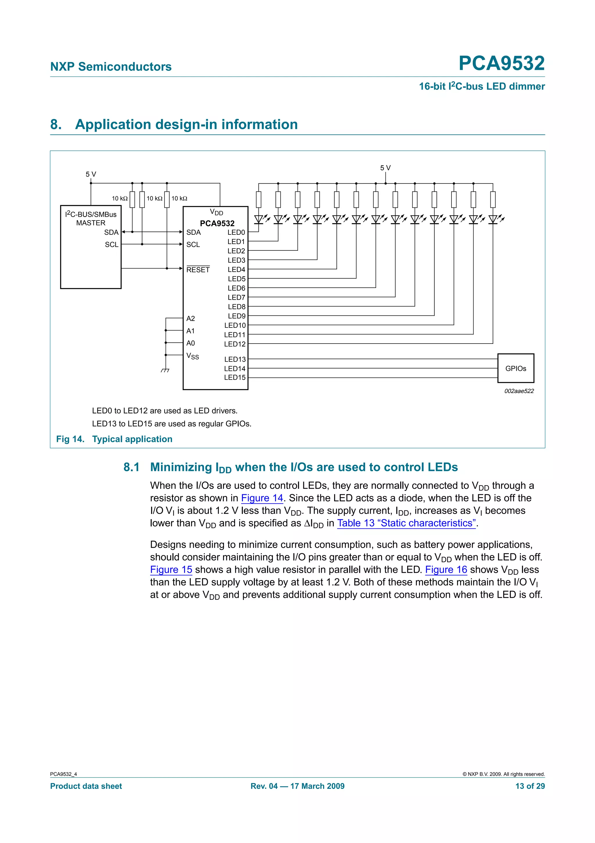NXP Semiconductors                                                                                 PCA9532
                                                                                            16-bit I2C-bus LED dimmer


8. Application design-in information

                                                                                       5V
            5V


                  10 kΩ    10 kΩ   10 kΩ

    I2C-BUS/SMBus                              VDD
        MASTER                               PCA9532
              SDA                      SDA            LED0
                 SCL                   SCL            LED1
                                                      LED2
                                                      LED3
                                       RESET          LED4
                                                      LED5
                                                      LED6
                                                      LED7
                                                      LED8
                                       A2             LED9
                                                     LED10
                                       A1
                                                     LED11
                                       A0            LED12
                                       VSS
                                                     LED13
                                                     LED14                                                             GPIOs
                                                     LED15
                                                                                                                      002aae522


             LED0 to LED12 are used as LED drivers.
             LED13 to LED15 are used as regular GPIOs.
  Fig 14. Typical application


                       8.1 Minimizing IDD when the I/Os are used to control LEDs
                            When the I/Os are used to control LEDs, they are normally connected to VDD through a
                            resistor as shown in Figure 14. Since the LED acts as a diode, when the LED is off the
                            I/O VI is about 1.2 V less than VDD. The supply current, IDD, increases as VI becomes
                            lower than VDD and is speciﬁed as ∆IDD in Table 13 “Static characteristics”.

                            Designs needing to minimize current consumption, such as battery power applications,
                            should consider maintaining the I/O pins greater than or equal to VDD when the LED is off.
                            Figure 15 shows a high value resistor in parallel with the LED. Figure 16 shows VDD less
                            than the LED supply voltage by at least 1.2 V. Both of these methods maintain the I/O VI
                            at or above VDD and prevents additional supply current consumption when the LED is off.




PCA9532_4                                                                                           © NXP B.V. 2009. All rights reserved.

Product data sheet                                           Rev. 04 — 17 March 2009                                       13 of 29
 
