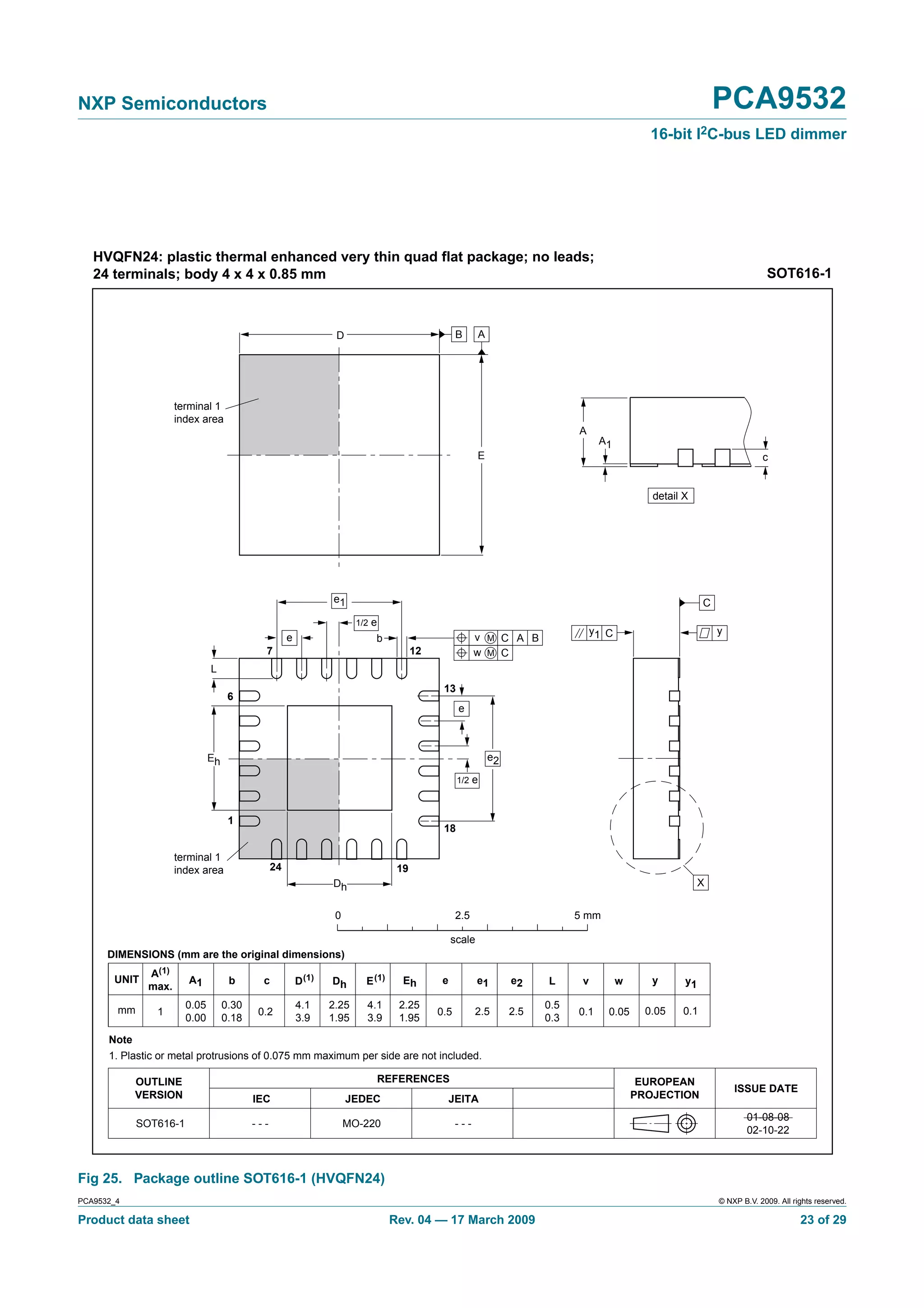 NXP Semiconductors                                                                                                                                                  PCA9532
                                                                                                                                                    16-bit I2C-bus LED dimmer




   HVQFN24: plastic thermal enhanced very thin quad flat package; no leads;
   24 terminals; body 4 x 4 x 0.85 mm                                                                                                                                            SOT616-1



                                                                   D                                B       A




                      terminal 1
                      index area
                                                                                                                                 A
                                                                                                                                       A1
                                                                                                           E                                                                    c


                                                                                                                                                    detail X




                                                                  e1                                                                                            C
                                                                         1/2 e
                                                                                                                                      y1 C                          y
                                                      e                      b                            v M C A B
                                             7                                           12               w M C
                               L
                                                                                               13
                                     6
                                                                                                    e



                               Eh                                                                               e2

                                                                                                    1/2 e



                                     1
                                                                                               18

                      terminal 1
                      index area                 24                                 19
                                                                  Dh                                                                                            X


                                                                   0                                2.5                          5 mm

                                                                                                   scale
      DIMENSIONS (mm are the original dimensions)
               A(1)
       UNIT             A1           b       c            D (1)   Dh       E (1)     Eh        e           e1        e2    L      v          w      y      y1
               max.

        mm              0.05        0.30                  4.1     2.25     4.1      2.25                                   0.5
                1                           0.2                                               0.5         2.5        2.5         0.1     0.05      0.05   0.1
                        0.00        0.18                  3.9     1.95     3.9      1.95                                   0.3

      Note
      1. Plastic or metal protrusions of 0.075 mm maximum per side are not included.

            OUTLINE                                                              REFERENCES                                                       EUROPEAN
                                                                                                                                                                        ISSUE DATE
            VERSION                        IEC                         JEDEC                       JEITA                                         PROJECTION

                                                                                                                                                                            01-08-08
             SOT616-1                      ---                         MO-220                       ---
                                                                                                                                                                            02-10-22



Fig 25. Package outline SOT616-1 (HVQFN24)
PCA9532_4                                                                                                                                                           © NXP B.V. 2009. All rights reserved.

Product data sheet                                                                 Rev. 04 — 17 March 2009                                                                                 23 of 29
 