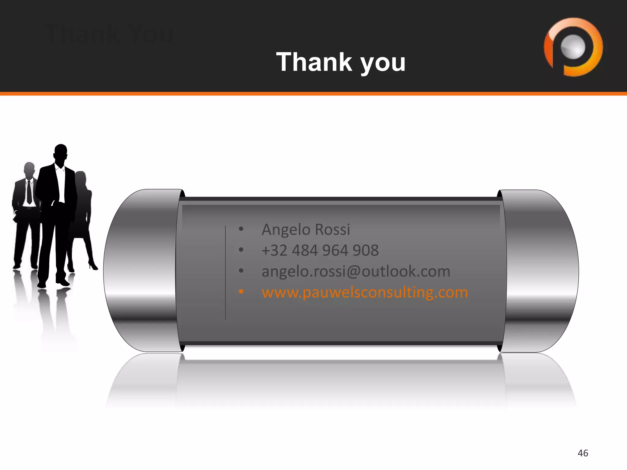 4646
Thank you
Thank You
• Angelo Rossi
• +32 484 964 908
• angelo.rossi@outlook.com
• www.pauwelsconsulting.com
 
