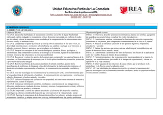 Unidad Educativa Particular La Consolata
Red Educativa Arquidiocesana-REA
Fortin, Lotizacion Atlanta Mz C Solar del 9 al 21 – direccion@laconsolata.edu.ec
098 899 6287 - 09H01765
3. OBJETIVOS GENERALES
3.- OBJETIVOS GENERALES
Objetivos del área Objetivos del grado o curso
OG.CN.1. Desarrollar habilidades de pensamiento científico con el fin de lograr flexibilidad
intelectual, espíritu indagador y pensamiento crítico; demostrar curiosidad por explorar el medio
que les rodea y valorar la naturaleza como resultado de la comprensión de las interacciones entre
los seres vivos y el ambiente físico.
OG.CN.2. Comprender el punto de vista de la ciencia sobre la naturaleza de los seres vivos, su
diversidad, interrelaciones y evolución; sobre la Tierra, sus cambios y su lugar en el Universo, y
sobre los procesos, físicos y químicos, que se producen en la materia.
OG.CN.3. Integrar los conceptos de las ciencias biológicas, químicas, físicas, geológicas y
astronómicas, para comprender la ciencia, la tecnología y la sociedad, ligadas a la capacidad de
inventar, innovar y dar soluciones a la crisis socioambiental.
OG.CN.4. Reconocer y valorar los aportes de la ciencia para comprender los aspectos básicos de la
estructura y el funcionamiento de su cuerpo, con el fin de aplicar medidas de promoción, protección
y prevención de la salud integral.
OG.CN.5. Resolver problemas de la ciencia mediante el método científico, a partir de la
identificación de problemas, la búsqueda crítica de información, la elaboración de conjeturas, el
diseño de actividades experimentales, el análisis y la comunicación de resultados confiables y
éticos.
OG.CN.6. Usar las tecnologías de la información y la comunicación (TIC) como herramientas para
la búsqueda crítica de información, el análisis y la comunicación de sus experiencias y conclusiones
sobre los fenómenos y hechos naturales y sociales.
OG.CN.7. Utilizar el lenguaje oral y el escrito con propiedad, así como otros sistemas de notación y
representación, cuando se requiera.
OG.CN.8. Comunicar información científica, resultados y conclusiones de sus indagaciones a
diferentes interlocutores, mediante diversas técnicas y recursos, la argumentación crítica y reflexiva
y la justificación con pruebas y evidencias.
OG.CN.9 Comprender y valorar los saberes ancestrales y la historia del desarrollo científico,
tecnológico y cultural, considerando la acción que estos ejercen en la vida personal y social.
OG.CN.10. Apreciar la importancia de la formación científica, los valores y actitudes propios del
pensamiento científico, y adoptar una actitud crítica y fundamentada ante los grandes problemas
O.CN.3.1. Observar y describir animales invertebrados y plantas sin semillas; agruparlos
de acuerdo a sus características y analizar los ciclos reproductivos.
O.CN.3.2. Experimentar, analizar y relacionar las funciones de nutrición, respiración y
fotosíntesis de las plantas, para comprender el mantenimiento de la vida en el planeta.
O.CN.3.4. Analizar la estructura y función de los aparatos digestivo, respiratorio,
circulatorio y excretor.
O.CN.3.5. Valorar las acciones que conservan una salud integral, entendida como un
estado de bienestar físico, mental y social.
O.CN.3.6. Experimentar y diferenciar los tipos de fuerzas y los efectos de su aplicación
sobre las variables físicas de objetos de uso cotidiano.
O.CN.3.7. Formular preguntas y dar respuestas sobre las propiedades de la materia, la
energía y sus manifestaciones, por medio de la indagación experimental y valorar su
aplicación en la vida cotidiana.
O.CN.3.8. Inferir algunas de las relaciones de causa-efecto, que se producen en la
atmósfera y en la Tierra, como la radiación solar.
O.CN.3.10. Usar habilidades de indagación científica y valorar la importancia del
proceso investigativo en los fenómenos naturales cotidianos, desde las experiencias hasta
el conocimiento científico.
 