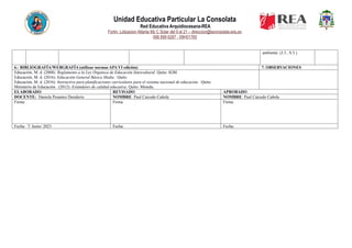Unidad Educativa Particular La Consolata
Red Educativa Arquidiocesana-REA
Fortin, Lotizacion Atlanta Mz C Solar del 9 al 21 – direccion@laconsolata.edu.ec
098 899 6287 - 09H01765
ambiente. (J.3., S.3.)
6.- BIBLIOGRAFÍA/WEBGRAFÍA (utilizar normas APA VI edición) 7. OBSERVACIONES
Educación, M. d. (2008). Reglamento a la Ley Organica de Educación Intercultural. Quito: IGM.
Educación, M. d. (2016). Educación General Básica Media . Quito.
Educación, M. d. (2016). Instructivo para planificaciones curriculares para el sistema nacional de educación . Quito.
Ministerio de Educación . (2012). Estándares de calidad educativa. Quito: Minedu.
ELABORADO REVISADO APROBADO
DOCENTE: Daniela Pesantes Desiderio NOMBRE: Paul Caicedo Cañola NOMBRE: Paul Caicedo Cañola
Firma: Firma: Firma:
Fecha: 7/ Junio/ 2023 Fecha: Fecha:
 