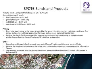 SPOT6 Bands and Products
PANCRO band: 1.5 m panchromatic (0.455 µm – 0.745 µm)
6 m multispectral, 4 bands:
• blue (0.455 µm – 0.525 µm)
• green (0.530 µm – 0.590 µm)
• red (0.625 µm – 0.695 µm)
• near-infrared (0.760 µm – 0.890 µm)
Primary
 Processing level closest to the image acquired by the sensor: it restores perfect collection conditions. The
sensor is placed in rectilinear geometry, the image is clear of any radiometric distortion.
 Optimal for clients familiar with satellite imagery processing techniques wishing to apply their own
production methods (orthorectification or 3D modeling for example).
Ortho
• Georeferenced image in Earth geometry, corrected from off-nadir acquisition and terrain effects.
• Optimal for simple and direct use of the image, and for immediate ingestion into a Geographic Information
System.
• The standard 3D model used for ground corrections is the worldwide Elevation30 dataset (also known as
Reference3D).

 