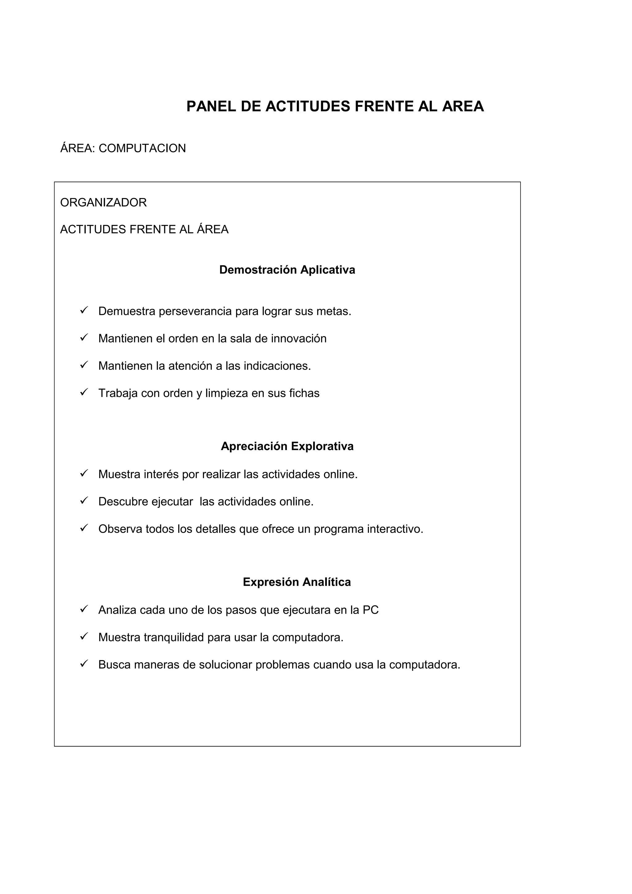 PANEL DE ACTITUDES FRENTE AL AREA
ÁREA: COMPUTACION
ORGANIZADOR
ACTITUDES FRENTE AL ÁREA
Demostración Aplicativa
 Demuestra perseverancia para lograr sus metas.
 Mantienen el orden en la sala de innovación
 Mantienen la atención a las indicaciones.
 Trabaja con orden y limpieza en sus fichas
Apreciación Explorativa
 Muestra interés por realizar las actividades online.
 Descubre ejecutar las actividades online.
 Observa todos los detalles que ofrece un programa interactivo.
Expresión Analítica
 Analiza cada uno de los pasos que ejecutara en la PC
 Muestra tranquilidad para usar la computadora.
 Busca maneras de solucionar problemas cuando usa la computadora.
 