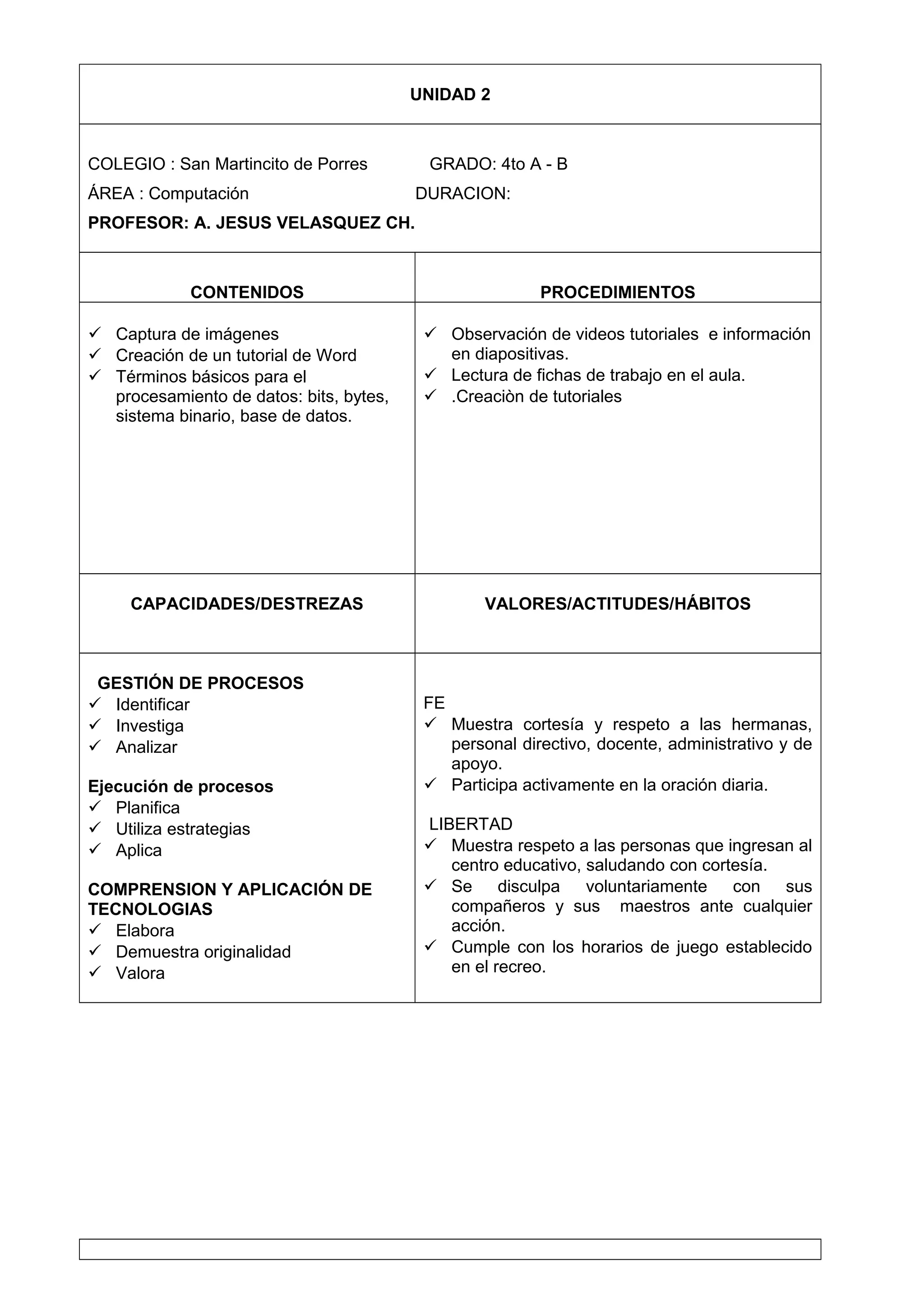UNIDAD 2
COLEGIO : San Martincito de Porres GRADO: 4to A - B
ÁREA : Computación DURACION:
PROFESOR: A. JESUS VELASQUEZ CH.
CONTENIDOS PROCEDIMIENTOS
 Captura de imágenes
 Creación de un tutorial de Word
 Términos básicos para el
procesamiento de datos: bits, bytes,
sistema binario, base de datos.
 Observación de videos tutoriales e información
en diapositivas.
 Lectura de fichas de trabajo en el aula.
 .Creaciòn de tutoriales
CAPACIDADES/DESTREZAS VALORES/ACTITUDES/HÁBITOS
GESTIÓN DE PROCESOS
 Identificar
 Investiga
 Analizar
Ejecución de procesos
 Planifica
 Utiliza estrategias
 Aplica
COMPRENSION Y APLICACIÓN DE
TECNOLOGIAS
 Elabora
 Demuestra originalidad
 Valora
FE
 Muestra cortesía y respeto a las hermanas,
personal directivo, docente, administrativo y de
apoyo.
 Participa activamente en la oración diaria.
LIBERTAD
 Muestra respeto a las personas que ingresan al
centro educativo, saludando con cortesía.
 Se disculpa voluntariamente con sus
compañeros y sus maestros ante cualquier
acción.
 Cumple con los horarios de juego establecido
en el recreo.
 