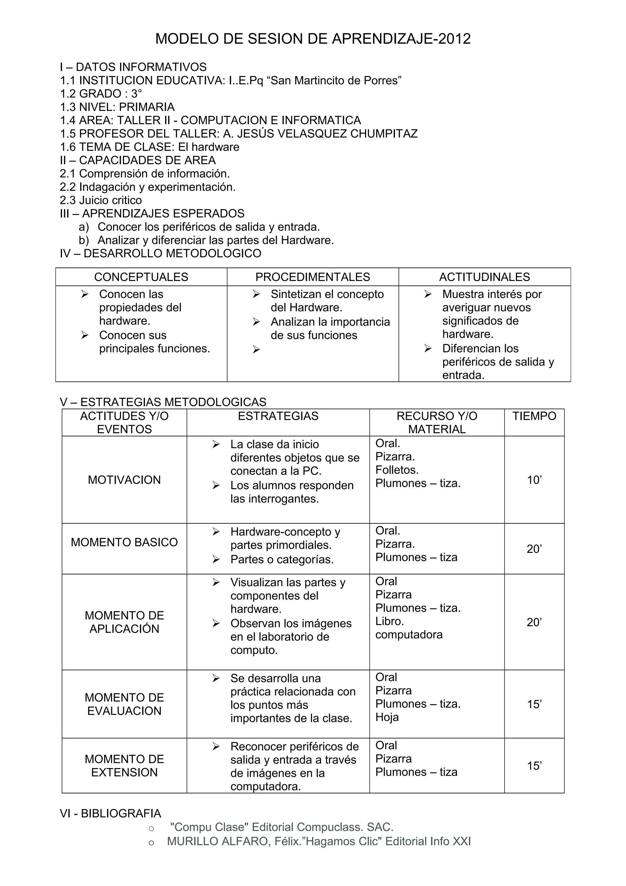 MODELO DE SESION DE APRENDIZAJE-2012
I – DATOS INFORMATIVOS
1.1 INSTITUCION EDUCATIVA: I..E.Pq “San Martincito de Porres”
1.2 GRADO : 3°
1.3 NIVEL: PRIMARIA
1.4 AREA: TALLER II - COMPUTACION E INFORMATICA
1.5 PROFESOR DEL TALLER: A. JESÚS VELASQUEZ CHUMPITAZ
1.6 TEMA DE CLASE: El hardware
II – CAPACIDADES DE AREA
2.1 Comprensión de información.
2.2 Indagación y experimentación.
2.3 Juicio critico
III – APRENDIZAJES ESPERADOS
a) Conocer los periféricos de salida y entrada.
b) Analizar y diferenciar las partes del Hardware.
IV – DESARROLLO METODOLOGICO
V – ESTRATEGIAS METODOLOGICAS
ACTITUDES Y/O
EVENTOS
ESTRATEGIAS RECURSO Y/O
MATERIAL
TIEMPO
MOTIVACION
 La clase da inicio
diferentes objetos que se
conectan a la PC.
 Los alumnos responden
las interrogantes.
Oral.
Pizarra.
Folletos.
Plumones – tiza. 10’
MOMENTO BASICO
 Hardware-concepto y
partes primordiales.
 Partes o categorías.
Oral.
Pizarra.
Plumones – tiza
20’
MOMENTO DE
APLICACIÓN
 Visualizan las partes y
componentes del
hardware.
 Observan los imágenes
en el laboratorio de
computo.
Oral
Pizarra
Plumones – tiza.
Libro.
computadora
20’
MOMENTO DE
EVALUACION
 Se desarrolla una
práctica relacionada con
los puntos más
importantes de la clase.
Oral
Pizarra
Plumones – tiza.
Hoja
15’
MOMENTO DE
EXTENSION
 Reconocer periféricos de
salida y entrada a través
de imágenes en la
computadora.
Oral
Pizarra
Plumones – tiza
15’
VI - BIBLIOGRAFIA
o "Compu Clase" Editorial Compuclass. SAC.
o MURILLO ALFARO, Félix.”Hagamos Clic" Editorial Info XXI
CONCEPTUALES PROCEDIMENTALES ACTITUDINALES
 Conocen las
propiedades del
hardware.
 Conocen sus
principales funciones.
 Sintetizan el concepto
del Hardware.
 Analizan la importancia
de sus funciones

 Muestra interés por
averiguar nuevos
significados de
hardware.
 Diferencian los
periféricos de salida y
entrada.
 