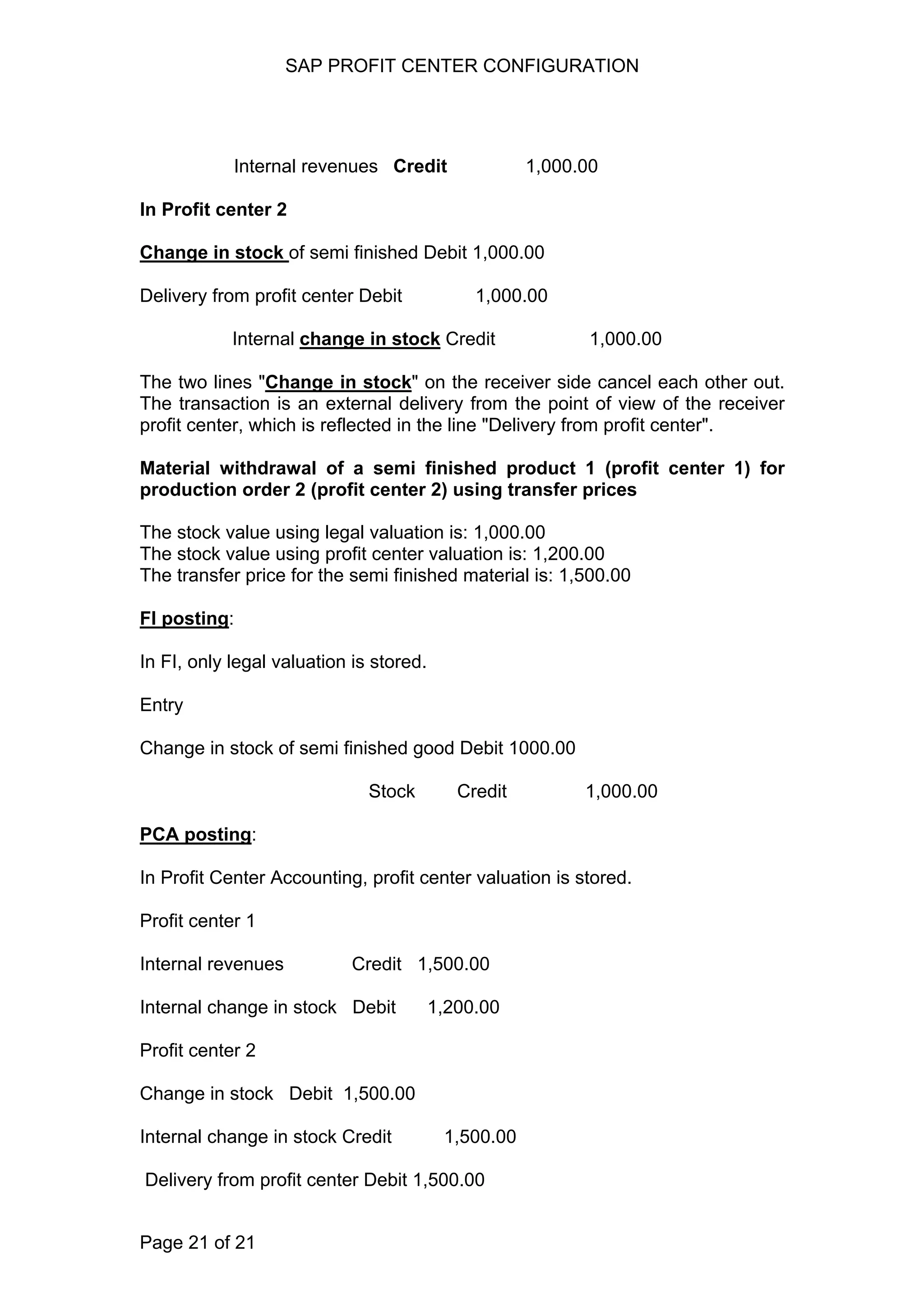 SAP PROFIT CENTER CONFIGURATION
Internal revenues Credit 1,000.00
In Profit center 2
Change in stock of semi finished Debit 1,000.00
Delivery from profit center Debit 1,000.00
Internal change in stock Credit 1,000.00
The two lines "Change in stock" on the receiver side cancel each other out.
The transaction is an external delivery from the point of view of the receiver
profit center, which is reflected in the line "Delivery from profit center".
Material withdrawal of a semi finished product 1 (profit center 1) for
production order 2 (profit center 2) using transfer prices
The stock value using legal valuation is: 1,000.00
The stock value using profit center valuation is: 1,200.00
The transfer price for the semi finished material is: 1,500.00
FI posting:
In FI, only legal valuation is stored.
Entry
Change in stock of semi finished good Debit 1000.00
Stock Credit 1,000.00
PCA posting:
In Profit Center Accounting, profit center valuation is stored.
Profit center 1
Internal revenues Credit 1,500.00
Internal change in stock Debit 1,200.00
Profit center 2
Change in stock Debit 1,500.00
Internal change in stock Credit 1,500.00
Delivery from profit center Debit 1,500.00
Page 21 of 21
 