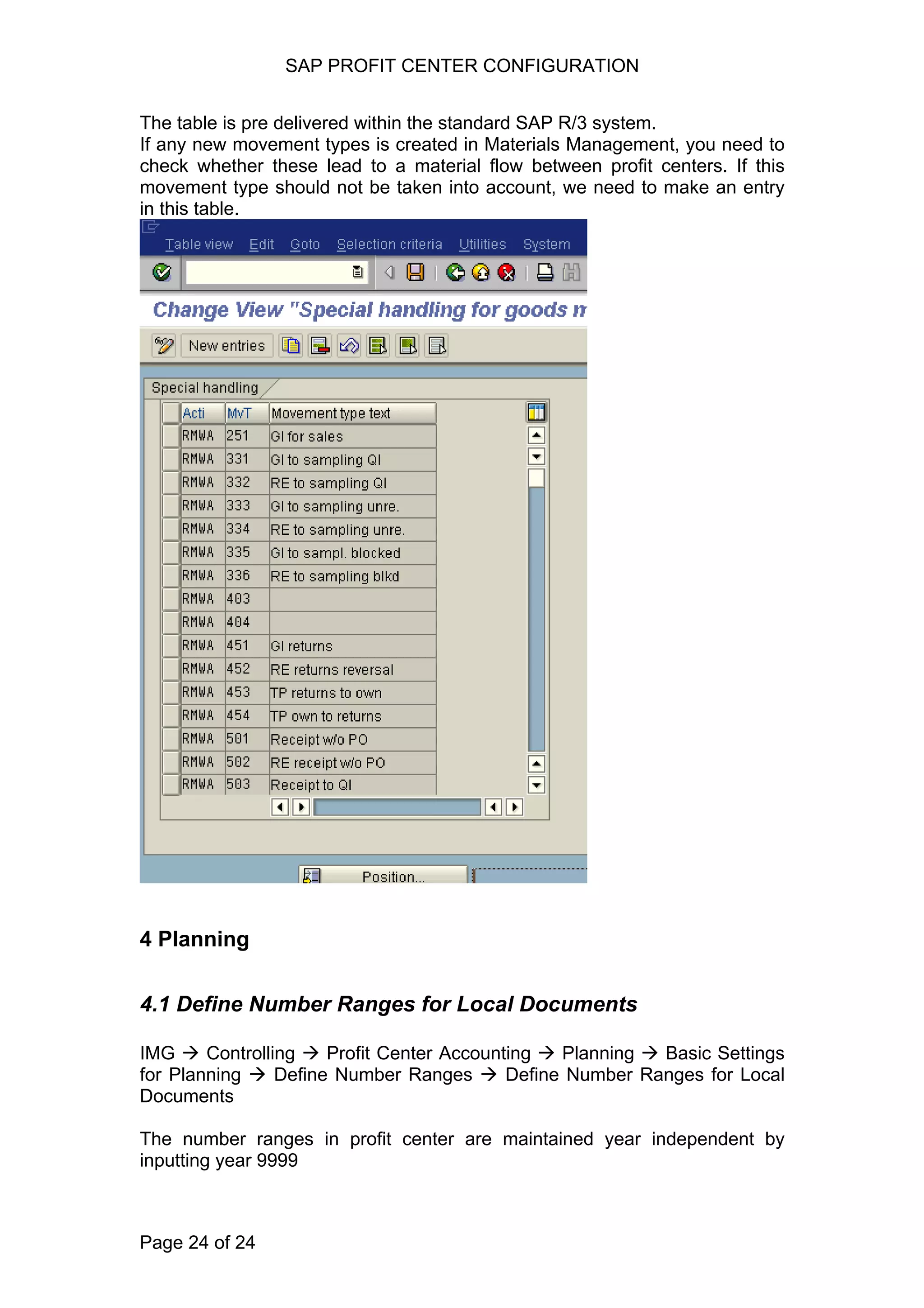 SAP PROFIT CENTER CONFIGURATION
The table is pre delivered within the standard SAP R/3 system.
If any new movement types is created in Materials Management, you need to
check whether these lead to a material flow between profit centers. If this
movement type should not be taken into account, we need to make an entry
in this table.
4 Planning
4.1 Define Number Ranges for Local Documents
IMG Controlling Profit Center Accounting Planning Basic Settings
for Planning Define Number Ranges Define Number Ranges for Local
Documents
The number ranges in profit center are maintained year independent by
inputting year 9999
Page 24 of 24
 