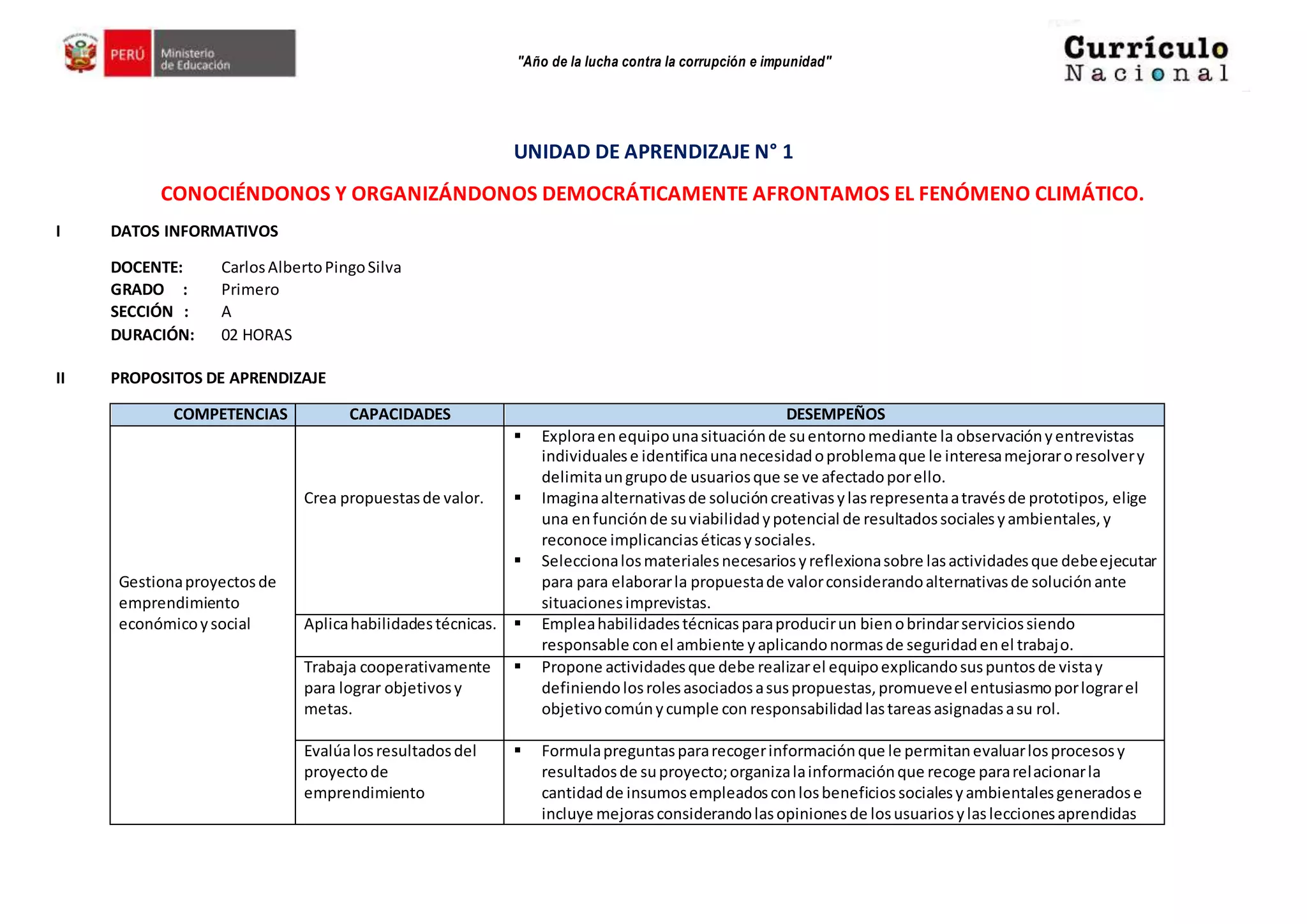 "Año de la lucha contra la corrupción e impunidad"
UNIDAD DE APRENDIZAJE N° 1
CONOCIÉNDONOS Y ORGANIZÁNDONOS DEMOCRÁTICAMENTE AFRONTAMOS EL FENÓMENO CLIMÁTICO.
I DATOS INFORMATIVOS
DOCENTE: CarlosAlbertoPingoSilva
GRADO : Primero
SECCIÓN : A
DURACIÓN: 02 HORAS
II PROPOSITOS DE APRENDIZAJE
COMPETENCIAS CAPACIDADES DESEMPEÑOS
Gestionaproyectosde
emprendimiento
económicoysocial
Crea propuestasde valor.
 Exploraenequipounasituaciónde suentornomediante la observaciónyentrevistas
individualese identificaunanecesidadoproblemaque le interesamejoraroresolvery
delimitaungrupode usuariosque se ve afectadoporello.
 Imaginaalternativasde solucióncreativasylasrepresentaatravésde prototipos, elige
una enfunciónde suviabilidadypotencial de resultadossocialesyambientales,y
reconoce implicanciaséticasysociales.
 Seleccionalosmaterialesnecesariosyreflexionasobre lasactividadesque debeejecutar
para para elaborarla propuestade valorconsiderandoalternativasde soluciónante
situacionesimprevistas.
Aplicahabilidadestécnicas.  Empleahabilidadestécnicasparaproducirun bienobrindarserviciossiendo
responsable conel ambiente yaplicandonormasde seguridadenel trabajo.
Trabaja cooperativamente
para lograr objetivosy
metas.
 Propone actividadesque debe realizarel equipoexplicandosuspuntosde vistay
definiendolosrolesasociadosasuspropuestas,promueveel entusiasmoporlograrel
objetivocomúnycumple con responsabilidadlastareasasignadasasu rol.
Evalúalosresultadosdel
proyectode
emprendimiento
 Formulapreguntaspararecogerinformaciónque le permitanevaluarlosprocesosy
resultadosde suproyecto;organizalainformaciónque recoge pararelacionarla
cantidadde insumosempleadosconlosbeneficiossocialesyambientalesgeneradose
incluye mejorasconsiderandolasopinionesde losusuariosylasleccionesaprendidas
 