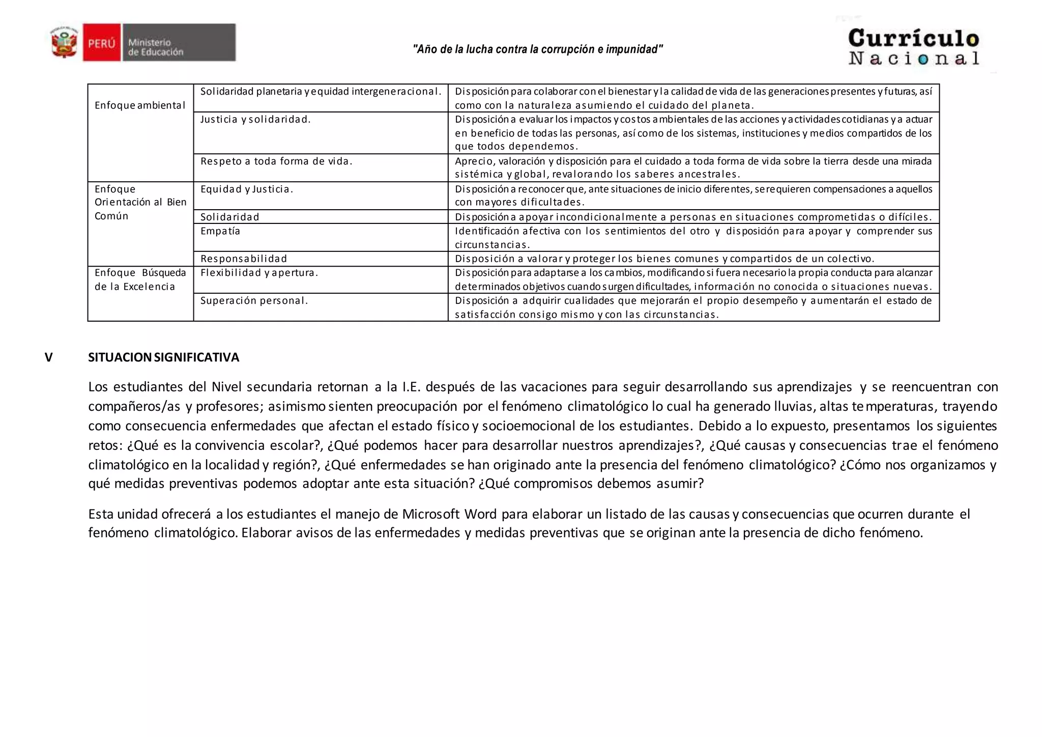 "Año de la lucha contra la corrupción e impunidad"
Enfoque ambiental
Solidaridad planetaria yequidad intergeneracional. Disposiciónpara colaborar conel bienestar yla calidadde vida de las generacionespresentes yfuturas, así
como con la naturaleza asumiendo el cuidado del planeta.
Justicia y solidaridad. Disposicióna evaluar los impactos ycostos ambientales de las acciones yactividadescotidianas ya actuar
en beneficio de todas las personas, así como de los sistemas, instituciones y medios compartidos de los
que todos dependemos.
Respeto a toda forma de vida. Aprecio, valoración y disposición para el cuidado a toda forma de vida sobre la tierra desde una mirada
sistémica y global, revalorando los saberes ancestrales.
Enfoque
Orientación al Bien
Común
Equidad y Justicia. Disposicióna reconocer que, ante situaciones de inicio diferentes, serequieren compensaciones a aquellos
con mayores dificultades.
Solidaridad Disposicióna apoyar incondicionalmente a personas en situaciones comprometidas o difíciles.
Empatía Identificación afectiva con los sentimientos del otro y disposición para apoyar y comprender sus
circunstancias.
Responsabilidad Disposición a valorar y proteger los bienes comunes y compartidos de un colectivo.
Enfoque Búsqueda
de la Excelencia
Flexibilidad y apertura. Disposiciónpara adaptarse a los cambios, modificandosi fuera necesariola propia conducta para alcanzar
determinados objetivos cuandosurgendificultades, información no conocida o situaciones nuevas.
Superación personal. Disposición a adquirir cualidades que mejorarán el propio desempeño y aumentarán el estado de
satisfacción consigo mismo y con las circunstancias.
V SITUACIONSIGNIFICATIVA
Los estudiantes del Nivel secundaria retornan a la I.E. después de las vacaciones para seguir desarrollando sus aprendizajes y se reencuentran con
compañeros/as y profesores; asimismo sienten preocupación por el fenómeno climatológico lo cual ha generado lluvias, altas temperaturas, trayendo
como consecuencia enfermedades que afectan el estado físico y socioemocional de los estudiantes. Debido a lo expuesto, presentamos los siguientes
retos: ¿Qué es la convivencia escolar?, ¿Qué podemos hacer para desarrollar nuestros aprendizajes?, ¿Qué causas y consecuencias trae el fenómeno
climatológico en la localidad y región?, ¿Qué enfermedades se han originado ante la presencia del fenómeno climatológico? ¿Cómo nos organizamos y
qué medidas preventivas podemos adoptar ante esta situación? ¿Qué compromisos debemos asumir?
Esta unidad ofrecerá a los estudiantes el manejo de Microsoft Word para elaborar un listado de las causas y consecuencias que ocurren durante el
fenómeno climatológico. Elaborar avisos de las enfermedades y medidas preventivas que se originan ante la presencia de dicho fenómeno.
 