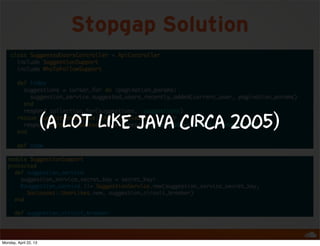 Stopgap Solution
(A lot like java circa 2005)
Monday, April 22, 13
 
