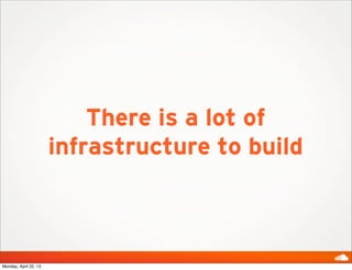 There is a lot of
infrastructure to build
Monday, April 22, 13
 