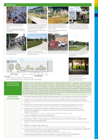 Good Practice




                                                                                                                                                                                          
   A) ) Carefully-located activities can     B) Natural surveillance is facilitated by   C) Well-light areas, particularly those
                                                                                                                                    D) A mobile café on the boundary of a
   assist in the supervision of public       clear sight-lines along pathways, with      adjoining residential developments,        public park encourages activated use
   places.                                   low-cut ground shrubs and trees with        improve safety and encourage the use of           
                                                                                                                                    of the area. Activated use of boundaries
   Source: Healthy Spaces and Places,        branches taller than 1.2 metres.            spaces at night.                           encourage people to frequent the area.
   photographer TPG Town Planning and        Source: Landcom Open Space Design           Source: Landcom Open Space Design
   Urban Design                              Guidelines, page 5.                         Guidelines, page 33.




   E) Bus stops should be located adjacent  F) Pedestrian and cycling paths         G) Places should be well-maintained,      H) Clear surveillance of pathways from
                                                                                                                                                                                
   to active land uses, particularly those  provided to connect areas of open space including the prompt removal of graffiti. nearby properties (including balconies)
                                                                                      

   that operate at night.                   with other land uses.                                                             and an absence of entrapment or
                                                                                                                              concealed areas.



   MIXED COMMERCIAL
   & RESIDENTIAL USES




                                                             OPEN SPACE
                                                                                                                                   J) Well lit active street frontages
BIKE LANE                                                                                                                          support night time activity.
   I) Effective land use mix promotes casual surveillance.
                                                                                                                                   Source: Healthy Spaces and Places,
   Source: Healthy Spaces & Places, TPG Town Planning & Urban Design
                                                                                                                                   photographer Pamela Miller

    Practical DA Level             Changes can be required to building design or landscaping elements to improve community safety
    Issues to Consider             outcomes. This should ideally occur during the design phase, however action can also be taken by
                                   conditions of approval. For example, measures could maximise visibility (eg viewing ports in doors,
                                   installation of convex security mirrors), remove potential entrapment and concealment spots (eg bringing
                                   forward building lines, installing gates, specifying required landscaping treatments), ‘harden’ buildings
                                   by requiring particular materials to be used during construction, specifying wayfinding elements, or the
                                   minimum lighting levels to be achieved in certain locations.
     Key Sources for               •	 	 ustralian Standards (20047-2007), Australian Standard 1158: Lighting for Roads and Public Spaces.
                                      A
                                      Publications available for purchase from SAI Global at: http://infostore.saiglobal.com/store2/Details.aspx?ProductID=356100
   Further Information
                                   •	 	 epartment of Sustainability and Environment (Victoria), (2005), Activity Centre Design Guidelines.
                                      D
                                      Available at: http://www.dse.vic.gov.au/CA256F310024B628/0/1F8224C16463B705CA2570130021078E/$File/Activity+Centre+Design+Gu
                                      idelines.pdf
                                   •	 	 epartment of Sustainability and Environment (Victoria), Safer Design Guidelines for Victoria.
                                      D
                                      Available at: http://www.dse.vic.gov.au/dse/nrenpl.nsf/FID/-CA9798F0F6911DB3CA256DC200253417?OpenDocument
                                   •	 	 epartment of Urban Affairs and Planning (2001), Crime Prevention and the Assessment of
                                      D
                                      Development Applications – Guidelines Under Section 79C of the Environmental Planning and
                                      Assessment Act 1979.
                                      Available at: http://www.police.nsw.gov.au/__data/assets/pdf_file/0003/9390/duapguide_s79c.pdf
                                   •	 	 andcom (2008) Open Space Design Guidelines.
                                      L
                                      Available at: http://www.landcom.nsw.gov.au/downloads/uploaded/2008_Open_Spaces_Design_Guidelines_4a54.pdf
                                   •	 	 cCamley, P. (2001), “Crime, Design and Urban Planning: From Theory to Practice”, New Planner,
                                      M
                                      Royal Australian Planning Institute.
                                      Available at: http://amwac.health.nsw.gov.au/public-health/health-promotion/injury-prevention/safe-communities/pdf/crime_design.
                                      pdf
                                   •	 NSW Police (2008), “Safer By Design”.
                                      Available on the NSW Police website, at: http://www.police.nsw.gov.au/community_issues/crime_prevention/safer_by_design
                                   •	 	 arkissian Associates Planners (in Collaboration with ACT Planning and Land Management) (2000), ACT
                                      S
                                      Crime Prevention and Urban Design Resource Manual.
                                      Available at: http://apps.actpla.act.gov.au/tplan/planning_register/register_docs/resmanual.pdf
                                   •	 	 tatewide Mutual (2009), Best Practice Manual - Footpaths, Nature Strips and Medians.
                                      S
                                      Contact Statewide Mutual for a copy of the document by visiting: http://www.statewide.nsw.gov.au                                             24|
 