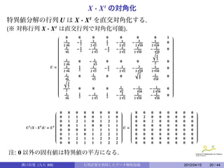 X · X t の対角化
特異値分解の行列 U は X · X t を直交対角化する.
(※ 対称行列 X · X t は直交行列で対角化可能).
                                  0        0            0          0      0         0               0        1   
                        
                        
                                                                                                                 
                                                                                                                  
                                                                                                                  
                        
                        
                        
                                   1
                                   √       −1             1
                                                          √
                                                                    1    − √1      − √3            1
                                                                                                   √          0   
                                                                                                                  
                                                                                                                  
                        
                        
                                            2                      2                                             
                                                                                                                  
                                                                                                                  
                        
                        
                        
                                  2 6                   2 3               2 2        2 10        2 10             
                                                                                                                  
                                                                                                                  
                        
                        
                        
                                   1
                                   √       −1          − √ 1       −1      1
                                                                         − √          1
                                                                                      √          − √1         0   
                                                                                                                  
                                                                                                                  
                        
                        
                                   6       2            2 3         2    2 2       2 10          √ 10
                                                                                                                  
                                                                                                                  
                                                                                                                  
                        
                        
                                                                                                                 
                                                                                                                  
                                                                                                                  
                        
                        
                                                                                                    5            
                                                                                                                  
                                                                                                                  
                        
                        
                                                                                                    2            
                                                                                                                  
                                                                                                                  
                        
                        
                        
                                   1
                                   √           0        1
                                                       −√           0      0         0                        0   
                                                                                                                  
                                                                                                                  
                        
                        
                                 2 6                      3                                       2              
                                                                                                                  
                                                                                                                  
                        
                      U=
                                  1           1         1                            3                           
                                                                                                                  
                                                                                                                  
                        
                        
                                  √                     √         −1    − √1      − √             1
                                                                                                   √          0   
                                                                                                                  
                                                                                                                  
                        
                        
                                 2 6          2        2 3         2        2 2    √ 10
                                                                                    2            2 10             
                                                                                                                  
                                                                                                                  
                        
                        
                                                                                                                 
                                                                                                                  
                                                                                                                  
                        
                        
                        
                                   1
                                   √           0         1
                                                         √          0        0          2
                                                                                                  √
                                                                                                   1          0   
                                                                                                                  
                                                                                                                  
                        
                        
                                 √6                      3                             5           10            
                                                                                                                  
                                                                                                                  
                        
                        
                                                                                                                 
                                                                                                                  
                                                                                                                  
                        
                        
                                    3                                                                            
                                                                                                                  
                                                                                                                  
                        
                        
                                    2                                                                            
                                                                                                                  
                                                                                                                  
                        
                        
                                              0         0          0     √
                                                                           1       − √1            1
                                                                                                 − √          0   
                                                                                                                  
                                                                                                                  
                        
                        
                                  2                                                                              
                                                                                                                  
                                                                                                                  
                        
                                  1           1         1          1
                                                                            2
                                                                            1         1
                                                                                        10        2 10            
                                                                                                                  
                                   √           2
                                                       − √          2
                                                                         − √         √           − √1         0
                                    6                   2 3               2 2       2 10                 10



                             0        0   0       0    0      0     0   0        8        0   0        0   0       0   0   0   
                          
                          
                                                                            
                                                                             
                                                                                 
                                                                                  
                                                                                   0                                             
                                                                                                                                  
                                                                                                                                  
                          
                          
                             0        1   1       0    0      1     1   0   
                                                                             
                                                                                 
                                                                                  
                                                                                            2   0        0   0       0   0   0   
                                                                                                                                  
                                                                                                                                  
                          
                          
                                                                            
                                                                             
                                                                                 
                                                                                   0
                                                                                                                                 
                                                                                                                                  
                                                                                                                                  
                          
                          
                             0        1   2       1    0      1     2   1   
                                                                             
                                                                                 
                                                                                  
                                                                                            0   2        0   0       0   0   0   
                                                                                                                                  
                                                                                                                                  
                          
                                                                            
                                                                                                                                
                          
      t (X · X t )U = U t 
                          
                          
                              0        0   1       1    0      0     1   1   U =  0
                                                                             
                                                                             
                                                                             
                                                                                  
                                                                                  
                                                                                  
                                                                                  
                                                                                             0   0        0   0       0   0   0   
                                                                                                                                  
                                                                                                                                  
                                                                                                                                  
                                                                                                                                  
    U                     
                          
                             0        0   0       0    1      1     1   1   
                                                                             
                                                                                  0
                                                                                  
                                                                                            0   0        0   0       0   0   0   
                                                                                                                                  
                                                                                                                                  
                          
                          
                                                                            
                                                                             
                                                                                 
                                                                                  
                                                                                   0                                             
                                                                                                                                  
                                                                                                                                  
                          
                          
                             0        1   1       0    1      2     2   1   
                                                                             
                                                                                 
                                                                                  
                                                                                            0   0        0   0       0   0   0   
                                                                                                                                  
                                                                                                                                  
                          
                          
                                                                            
                                                                             
                                                                                 
                                                                                   0
                                                                                                                                 
                                                                                                                                  
                                                                                                                                  
                          
                             0        1   2       1    1      2     3   2   
                                                                                 
                                                                                            0   0        0   0       0   0   0   
                                                                                                                                  
                              0        0   1       1    1      1     2   2          0        0   0        0   0       0   0   0

注: 0 以外の固有値は特異値の平方になる.
   溝口佳寛 (九大 IMI)                                   行列計算を利用したデータ解析技術                                                       2012/04/15   20 / 44
 