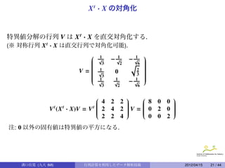 X t · X の対角化


特異値分解の行列 V は X t · X を直交対角化する.
(※ 対称行列 X t · X は直交行列で対角化可能).
                                                        
                             
                             
                                  1
                                  √     −√
                                         1
                                                −√
                                                 1
                                                         
                                                         
                             
                             
                                   3       2   √6       
                                                         
                                                         
                             
                                                        
                                                         
                           V=
                             
                             
                             
                                  1
                                  √     0            2   
                                                         
                                                         
                                                         
                             
                             
                                   3                3   
                                                         
                                                         
                                 1
                                  √
                                        1
                                        √       −   1
                                                    √
                                                         
                                    3    2           6

                                                              
                              4 2 2 
                             
                                    
                                           8 0
                                           
                                                            0   
                                                                 
                                                                 
                                                              
              V (X · X)V = V  2 4 2  V =  0 2
                   t   t     
                             
                             
                              t      
                                     
                                          
                                           
                                                            0   
                                                                 
                                                                 
                                                                 
                                                              
                               2 2 4         0 0             2
注: 0 以外の固有値は特異値の平方になる.




   溝口佳寛 (九大 IMI)            行列計算を利用したデータ解析技術                         2012/04/15   21 / 44
 