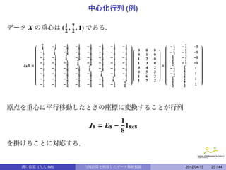 中心化行列 (例)

データ X の重心は ( 1 , 7 , 1) である.
             2 2

              7    −1     1
                          −8   −1   −1   −1    −1   −1                      −1   −7      −1   
           
           
              8     8          8    8    8     8    8   
                                                         
                                                                          
                                                                            
                                                                                               
                                                                                                
                                                                                                
           
                                                        
                                                                          −1
                                                                               2    2           
                                                                                              
                                                           0   0   0
               −1                                                                             
                     7    −1   −1   −1   −1    −1   −1
                                                                                −5      −1
           
           
           
           
                8    8     8    8    8    8     8    8   
                                                         
                                                         
                                                            0   1   0    
                                                                            12
                                                                           
                                                                            
                                                                            
                                                                                    2           
                                                                                                
                                                                                                
                                                                                                
                                                                                                
           
           
              −1   −1    7    −1   −1   −1    −1   −1   
                                                         
                                                                         
                                                                            2
                                                                                 −3      −1   
                                                                                                
                                                                                                
           
           
               8     8   8     8    8    8     8    8   
                                                         
                                                            1   2   0     1
                                                                           
                                                                                  2           
                                                                                                
                                                                                                
           
           
              −1   −1     1
                          −8   7    −1   −1    −1   −1   
                                                         
                                                                         
                                                                           
                                                                            2    −1      −1   
                                                                                                
                                                                                                
           
    J8 X = 
               8     8        8     8    8     8    8   
                                                         
                                                         
                                                              1   3   0   =
                                                                           
                                                                                  2           
                                                                                                
                                                                                                
           
           
              −1   −1     1
                          −8   −1    7   −1    −1   −1   
                                                         
                                                            0   4   2     −1
                                                                           
                                                                                 1            
                                                                                                
                                                                                                
           
           
               8     8         8    8    8     8    8   
                                                         
                                                                         
                                                                           
                                                                             2   2
                                                                                           1    
                                                                                                
                                                                                                
           
           
                                                        
                                                         
                                                            0   5   2    
                                                                            −1
                                                                                 3            
                                                                                                
                                                                                                
           
              −1   −1     1
                          −8   −1   −1    7    −1   −1   
                                                                         
                                                                                         1    
           
           
           
                8     8         8    8    8     8    8   
                                                         
                                                            1   6   2    
                                                                            12
                                                                           
                                                                                   2            
                                                                                                
                                                                                                
                                                                                                
           
           
              −1   −1     1
                          −8   −1   −1   −1    7    −1   
                                                         
                                                                           
                                                                             2
                                                                            
                                                                                   5       1    
                                                                                                
                                                                                                
           
               8     8         8    8     8   8     8   
                                                             1   7   2     
                                                                             1    2            
                                                                                                
                                                                                   7
               −1
                8
                    −18
                           1
                          −8   −1
                                8
                                    −1
                                     8
                                         −18
                                               −1
                                                8
                                                    7
                                                    8                         2    2
                                                                                           1




原点を重心に平行移動したときの座標に変換することが行列
                                               1
                                     J 8 = E8 − 18×8
                                               8
を掛けることに対応する.


    溝口佳寛 (九大 IMI)                   行列計算を利用したデータ解析技術                                   2012/04/15   25 / 44
 