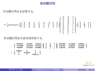 共分散行列

共分散行列 S を計算する.
                                                                                                 −1      −7   −1   
                                                                                             
                                                                                             
                                                                                                                   
                                                                                                                    
                                                                                                                    
                                                                                             
                                                                                             
                                                                                             
                                                                                                   2       2        
                                                                                                                    
                                                                                                                    
                                                                                             
                                                                                                 −1      −5   −1   
                                                                                                                    
                                                                                             
                                                                                             
                                                                                             
                                                                                                   2       2        
                                                                                                                    
                                                                                                                    
                                                                                            
                                                                                                  1       3
                                                                                                          −2   −1   
                                                                                                                      1
                             −1     −1     1           1      −1       −1        1       1 
                                                                                            
                                                                                                                   
                                                                                                                     
                                                                                                                            1              
                                                                                                                                             
                                                                                            
                                                                                                   2                  4
                            
                            
                                                                                         2 
                                                                                                 1       1
                                                                                                          −2   −1    
                                                                                                                                      0    
                                                                                                                                             
                                                                                                                                             
   1                    1     2
                             −7
                                      2     2           2       2        2        2          
                                                                                            
                                                                                          7                       
                                                                                                                    = 1
                                                                                                                     
                                                                                                                              2              
                                                                                                                                             
S = (J 8 X) t (J 8 X) =     
                            
                                    −5    −3          −1       1       3         5         
                                                                                            
                                                                                            
                                                                                                   2                 
                                                                                                                      2
                                                                                                                              21        2    
                                                                                                                                             
                                                                                                                                             
   8                    8   
                              2      2      2           2      2       2         2       2 
                                                                                             
                                                                                                −1      1     1    
                                                                                                                    
                                                                                                                      0     4              
                                                                                                                                             
                              −1     −1        −1      −1       1       1         1       1  
                                                                                                   2     2         
                                                                                                                    
                                                                                                                              2        1
                                                                                             
                                                                                             
                                                                                                 −21     3     1   
                                                                                                                    
                                                                                                                    
                                                                                             
                                                                                             
                                                                                                         2         
                                                                                                                    
                                                                                                                    
                                                                                             
                                                                                             
                                                                                                  1      5         
                                                                                                                    
                                                                                                                    
                                                                                             
                                                                                             
                                                                                                  2      2
                                                                                                                1   
                                                                                                                    
                                                                                                                    
                                                                                                   1      7     1
                                                                                                   2      2



共分散行列 S を直交対角化する.
                                                                                                                               
                                                                                          0.0795457
                                                                    1        1
                0.0795457
               
               
                                    0.927542        0.365156   
                                                               
                                                                
                                                                                      0   
                                                                                          
                                                                                                          −0.710589   0.699097     
                                                                                                                                    
                                                                                                                                    
                                                                                        
                                                                    4        2
                −0.710589
               
                                  −0.204143                   
                                                                  1        21             0.927542
                                                                                                         −0.204143   −0.313037    
                                                                                                                                    
                                                                                                                                    
               
                                                   0.673342   
                                                               
                                                                                     2   
                                                                                          
                                                                                                                                   
                                                                                                                                    
                 0.699097          −0.313037        0.642862       2        4               0.365156     0.673342    0.642862
                                                                    0        2        1
                                                   
                6.08024
               
               
                                   0           0    
                                                    
                                                    
          =    
               
                                                   
                                                    
                                                    
               
                   0          0.393643        0    
                                                    
                    0              0       0.026113




       溝口佳寛 (九大 IMI)                                行列計算を利用したデータ解析技術                                                   2012/04/15           26 / 44
 