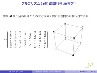 アルゴリズム 2 (例) (距離行列 M(再び))



実は M は 1 辺の長さが 1 の立方体の 8 個の頂点間の距離行列である.

                                                              6
                                                                          7
               √               √      √     √    
  
  
  
  
  
  
      0    1     2    1
                      √
                           1
                           √
                                  2
                                       √
                                         3
                                             √
                                              2   
                                                  
                                                  
                                                  
                                                  
                                                  
                                                      5
  
  
     1    0    1      2    2   1        2    3   
                                                  
                                                  
  
     √                    √    √            √    
                                                  
  
  
      2   1    0     1     3     2    1      2   
                                                  
                                                  
  
  
          √               √    √      √          
                                                  
                                                  
  
  
     1     2   1     0     2     3      2   1    
                                                  
                                                             2   8
M=
  
  
          √    √     √                √          
                                                  
                                                  
                                                  
  
  
     1     2    3     2   0    1        2   1    
                                                  
                                                  
  
  
     √         √     √                      √    
                                                  
                                                  
  
                                                 
                                                  
  
  
  
  
  
  
      √
       2   1
           √
                 2
                      √
                       3   1
                           √
                                0      1      2   
                                                  
                                                  
                                                  
                                                  
                                                  
                                                                      3
  
  
     √
       3
           √
            2   1
                √
                       2    2   1
                                √
                                       0     1    
                                                  
                                                  
       2    3    2    1    1      2    1     0
                                                          1

                                                                  4




      溝口佳寛 (九大 IMI)                   行列計算を利用したデータ解析技術                2012/04/15   40 / 44
 