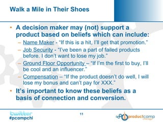 Walk a Mile in Their Shoes <ul><li>A decision maker may (not) support a product based on beliefs which can include: </li><...
