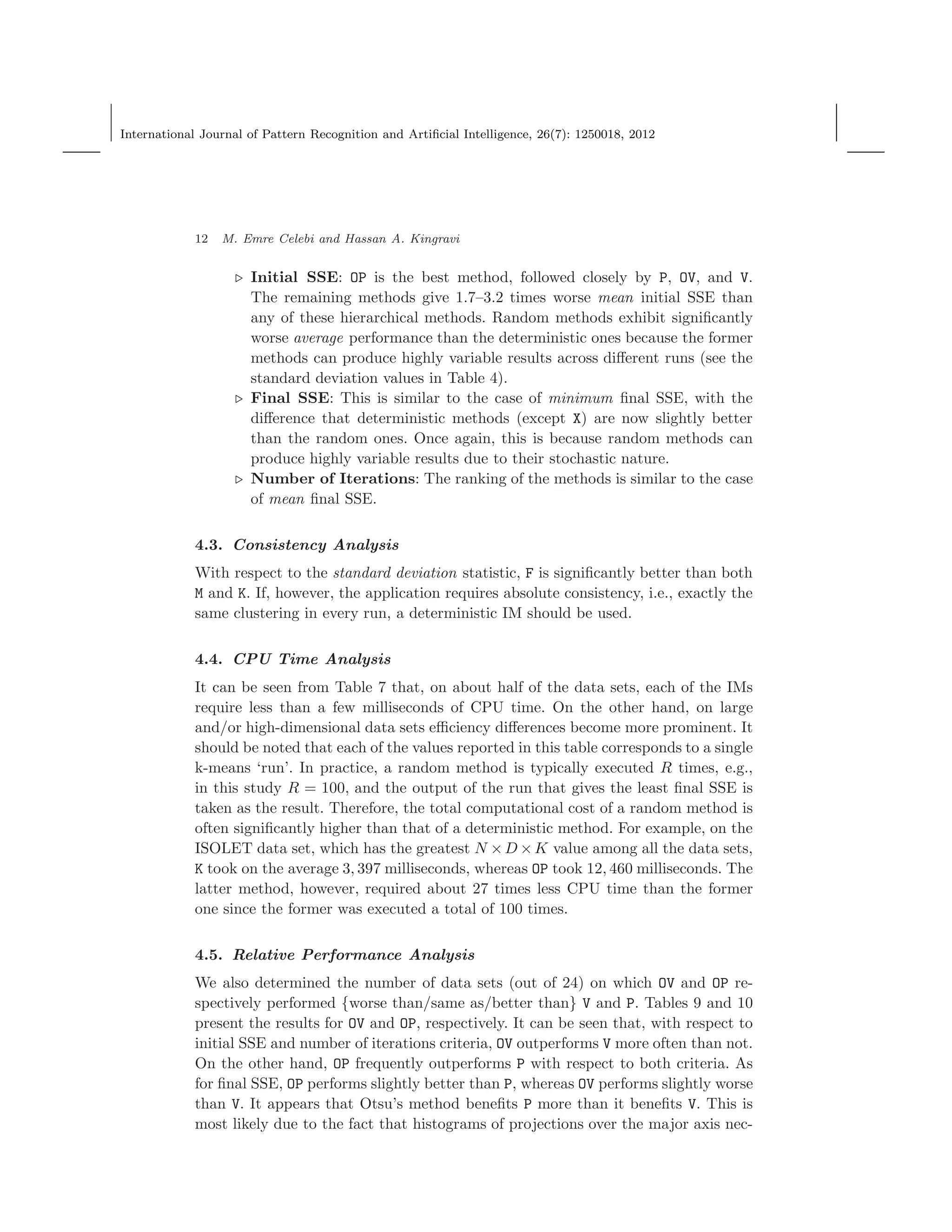 International Journal of Pattern Recognition and Artiﬁcial Intelligence, 26(7): 1250018, 2012
12 M. Emre Celebi and Hassan A. Kingravi
⊲ Initial SSE: OP is the best method, followed closely by P, OV, and V.
The remaining methods give 1.7–3.2 times worse mean initial SSE than
any of these hierarchical methods. Random methods exhibit signiﬁcantly
worse average performance than the deterministic ones because the former
methods can produce highly variable results across diﬀerent runs (see the
standard deviation values in Table 4).
⊲ Final SSE: This is similar to the case of minimum ﬁnal SSE, with the
diﬀerence that deterministic methods (except X) are now slightly better
than the random ones. Once again, this is because random methods can
produce highly variable results due to their stochastic nature.
⊲ Number of Iterations: The ranking of the methods is similar to the case
of mean ﬁnal SSE.
4.3. Consistency Analysis
With respect to the standard deviation statistic, F is signiﬁcantly better than both
M and K. If, however, the application requires absolute consistency, i.e., exactly the
same clustering in every run, a deterministic IM should be used.
4.4. CPU Time Analysis
It can be seen from Table 7 that, on about half of the data sets, each of the IMs
require less than a few milliseconds of CPU time. On the other hand, on large
and/or high-dimensional data sets eﬃciency diﬀerences become more prominent. It
should be noted that each of the values reported in this table corresponds to a single
k-means ‘run’. In practice, a random method is typically executed R times, e.g.,
in this study R = 100, and the output of the run that gives the least ﬁnal SSE is
taken as the result. Therefore, the total computational cost of a random method is
often signiﬁcantly higher than that of a deterministic method. For example, on the
ISOLET data set, which has the greatest N ×D ×K value among all the data sets,
K took on the average 3, 397 milliseconds, whereas OP took 12, 460 milliseconds. The
latter method, however, required about 27 times less CPU time than the former
one since the former was executed a total of 100 times.
4.5. Relative Performance Analysis
We also determined the number of data sets (out of 24) on which OV and OP re-
spectively performed {worse than/same as/better than} V and P. Tables 9 and 10
present the results for OV and OP, respectively. It can be seen that, with respect to
initial SSE and number of iterations criteria, OV outperforms V more often than not.
On the other hand, OP frequently outperforms P with respect to both criteria. As
for ﬁnal SSE, OP performs slightly better than P, whereas OV performs slightly worse
than V. It appears that Otsu’s method beneﬁts P more than it beneﬁts V. This is
most likely due to the fact that histograms of projections over the major axis nec-
 