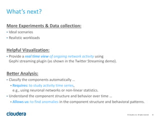 25© Cloudera, Inc. All rights reserved.
What’s next?
More Experiments & Data collection:
• Ideal scenarios
• Realistic workloads
Helpful Vizualization:
• Provide a real time view of ongoing network activity using
Gephi streaming plugin (as shown in the Twitter Streaming demo).
Better Analysis:
• Classify the components automatically …
• Requires: to study activity time series,
e.g., using neuronal networks or non-linear statistics.
• Understand the component structure and behavior over time …
• Allows us: to find anomalies in the component structure and behavioral patterns.
 