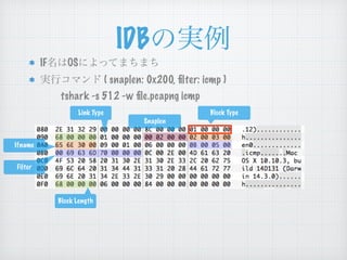 IDBの実例
IF名はOSによってまちまち
実行コマンド ( snaplen: 0x200, ﬁlter: icmp ) 
  tshark -s 512 -w ﬁle.pcapng icmp
Snaplen
Ifname
Block Length
Link Type Block Type
Filter
 
