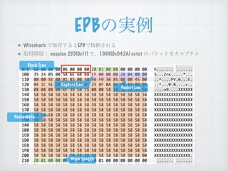 EPBの実例
Wireshark で保存するとEPBで格納される
取得環境： snaplen 255(0xff) で、1066(0x042A) octet のパケットをキャプチャ
Block Type
Block Length
PacketData
Capture Len
Packet Len
 