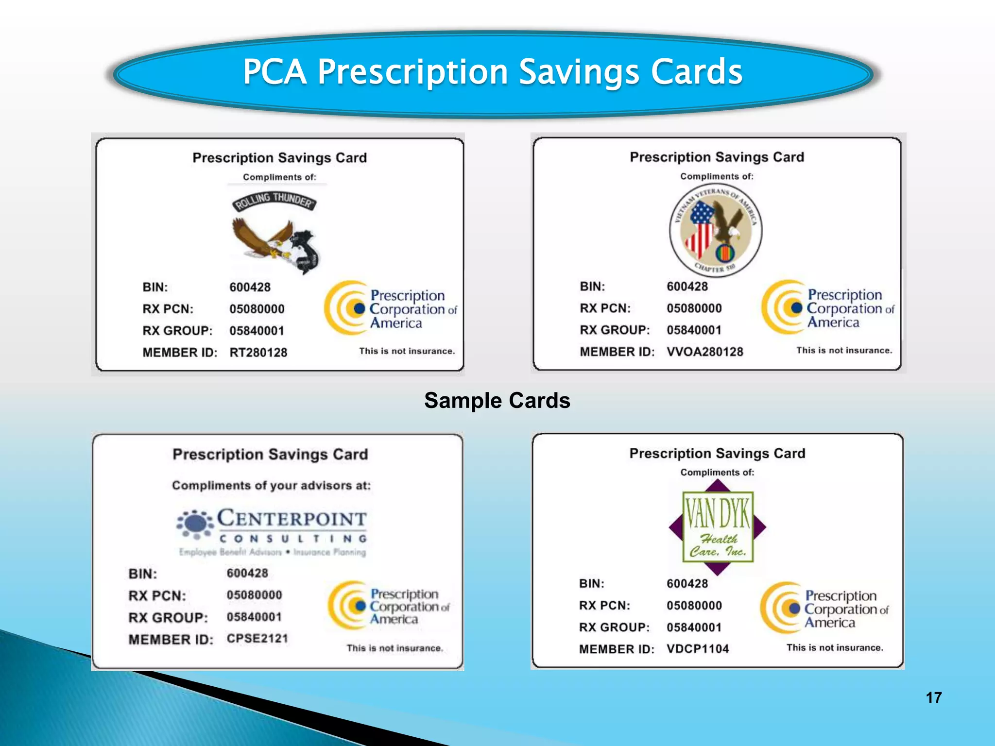 PCA Prescription Savings Cards




          Sample Cards




                                 17
 