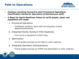 Path to Operations
 Continue marching forward to start Provisional Operations
(Certification Period for Operations & Maintenance staff)
 4 Steps for Agent Readiness follow to verify people, paper and
equipment are ready:
1. Provisional Operations
– Certification period for plant staff and integration of plant
departments/activities
2. Integrated Facility Testing & HVAC Readiness
– Final tuning of equipment & HVAC setup
3. Optimization
– Formal graded exercises by the Plant to verify readiness
4. Integrated Operations Demonstrations
– Formal graded exercises by PCAPP and stakeholders to verify readiness
2
 