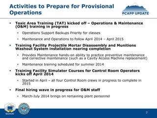 Activities to Prepare for Provisional
Operations
 Toxic Area Training (TAT) kicked off – Operations & Maintenance
(O&M) training in progress
• Operations Support Backups Priority for classes
• Maintenance and Operations to follow April 2014 – April 2015
 Training Facility Projectile Mortar Disassembly and Munitions
Washout System installation nearing completion
• Provides Maintenance hands-on ability to practice preventive maintenance
and corrective maintenance (such as a Cavity Access Machine replacement)
• Maintenance training scheduled for summer 2014
 Training Facility Simulator Courses for Control Room Operators
kicks off April 2014
• Started in April – all four Control Room crews in progress to complete in
2015
 Final hiring wave in progress for O&M staff
• March-July 2014 brings on remaining plant personnel
7
 