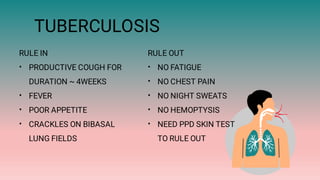 •
•
•
•
RULE IN
PRODUCTIVE COUGH FOR
DURATION ~ 4WEEKS
FEVER
POOR APPETITE
CRACKLES ON BIBASAL
LUNG FIELDS
TUBERCULOSIS
•
•
•
•
•
RULE OUT
NO FATIGUE
NO CHEST PAIN
NO NIGHT SWEATS
NO HEMOPTYSIS
NEED PPD SKIN TEST
TO RULE OUT
 