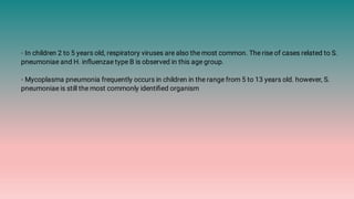 ◦ In children 2 to 5 years old, respiratory viruses are also the most common. The rise of cases related to S.
pneumoniae and H. inﬂuenzae type B is observed in this age group.
◦ Mycoplasma pneumonia frequently occurs in children in the range from 5 to 13 years old. however, S.
pneumoniae is still the most commonly identiﬁed organism
 