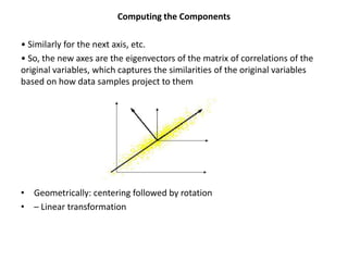 Computing the Components
• Similarly for the next axis, etc.
• So, the new axes are the eigenvectors of the matrix of correlations of the
original variables, which captures the similarities of the original variables
based on how data samples project to them

• Geometrically: centering followed by rotation
• – Linear transformation

 