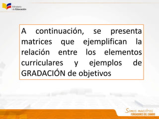 A continuación, se presenta
matrices que ejemplifican la
relación entre los elementos
curriculares y ejemplos de
GRADACIÓN de objetivos
 