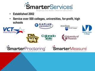 • Established 2002
• Service over 500 colleges, universities, for-profit, high
schools