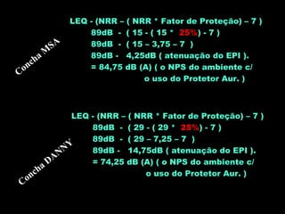 Devânia Silva - TST / EIM
LEQ - (NRR – ( NRR * Fator de Proteção) – 7 )
89dB - ( 15 - ( 15 * 25%) - 7 )
89dB - ( 15 – 3,75 – 7 )
89dB - 4,25dB ( atenuação do EPI ).
= 84,75 dB (A) ( o NPS do ambiente c/
o uso do Protetor Aur. )
LEQ - (NRR – ( NRR * Fator de Proteção) – 7 )
89dB - ( 29 - ( 29 * 25%) - 7 )
89dB - ( 29 – 7,25 – 7 )
89dB - 14,75dB ( atenuação do EPI ).
= 74,25 dB (A) ( o NPS do ambiente c/
o uso do Protetor Aur. )
Concha M
SA
Concha DANNY
 