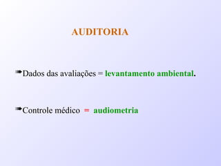 AUDITORIA
Controle médico = audiometria
Dados das avaliações = levantamento ambiental.
 