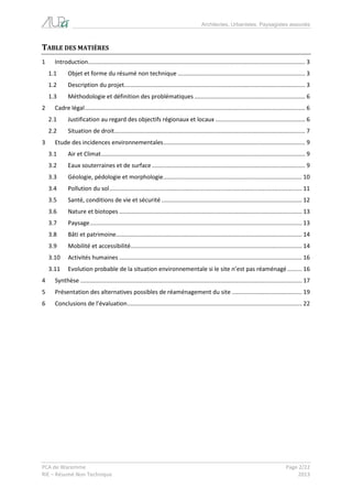 Architectes, Urbanistes, Paysagistes associés 
PCA de Waremme Page 2/22 
RIE – Résumé Non Technique 2013 
TABLE DES MATIÈRES 
1 Introduction ..................................................................................................................................... 3 
1.1 Objet et forme du résumé non technique .............................................................................. 3 
1.2 Description du projet............................................................................................................... 3 
1.3 Méthodologie et définition des problématiques .................................................................... 6 
2 Cadre légal ....................................................................................................................................... 6 
2.1 Justification au regard des objectifs régionaux et locaux ....................................................... 6 
2.2 Situation de droit ..................................................................................................................... 7 
3 Etude des incidences environnementales ....................................................................................... 9 
3.1 Air et Climat ............................................................................................................................. 9 
3.2 Eaux souterraines et de surface .............................................................................................. 9 
3.3 Géologie, pédologie et morphologie ..................................................................................... 10 
3.4 Pollution du sol ...................................................................................................................... 11 
3.5 Santé, conditions de vie et sécurité ...................................................................................... 12 
3.6 Nature et biotopes ................................................................................................................ 13 
3.7 Paysage .................................................................................................................................. 13 
3.8 Bâti et patrimoine .................................................................................................................. 14 
3.9 Mobilité et accessibilité ......................................................................................................... 14 
3.10 Activités humaines ................................................................................................................ 16 
3.11 Evolution probable de la situation environnementale si le site n’est pas réaménagé ......... 16 
4 Synthèse ........................................................................................................................................ 17 
5 Présentation des alternatives possibles de réaménagement du site ........................................... 19 
6 Conclusions de l’évaluation ........................................................................................................... 22 
 