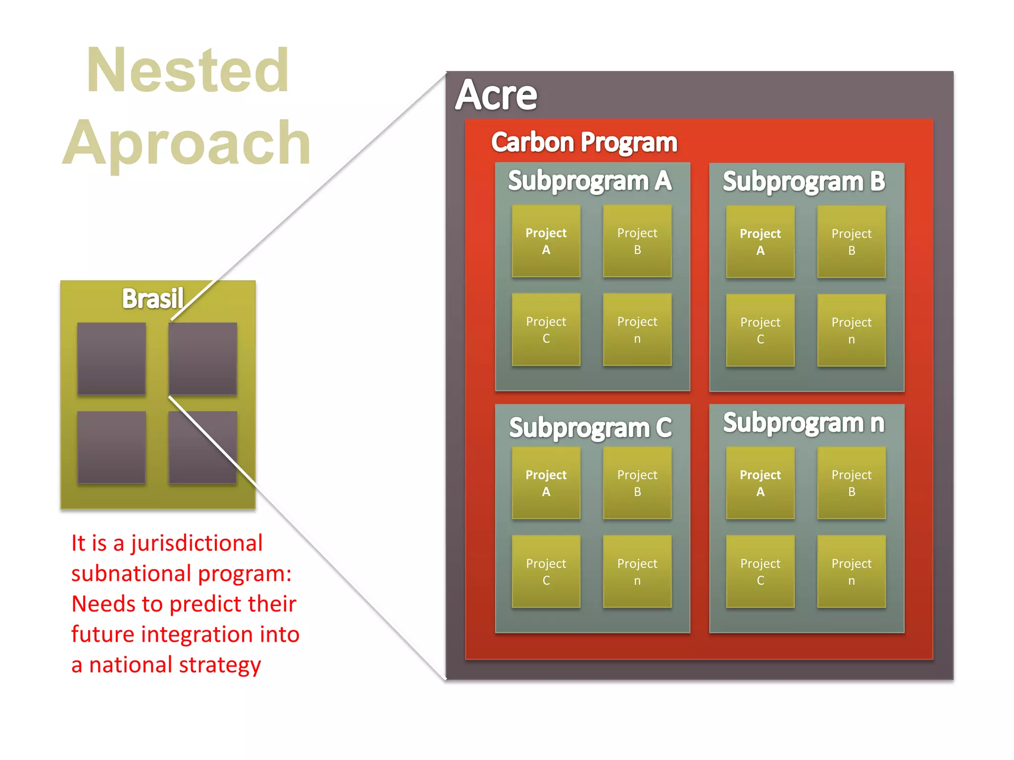 Nested
Aproach
Project
A
Project
B
Project
C
Project
n
Project
A
Project
B
Project
C
Project
n
Project
A
Project
B
Project
C
Project
n
Project
A
Project
B
Project
C
Project
n
It is a jurisdictional
subnational program:
Needs to predict their
future integration into
a national strategy
 