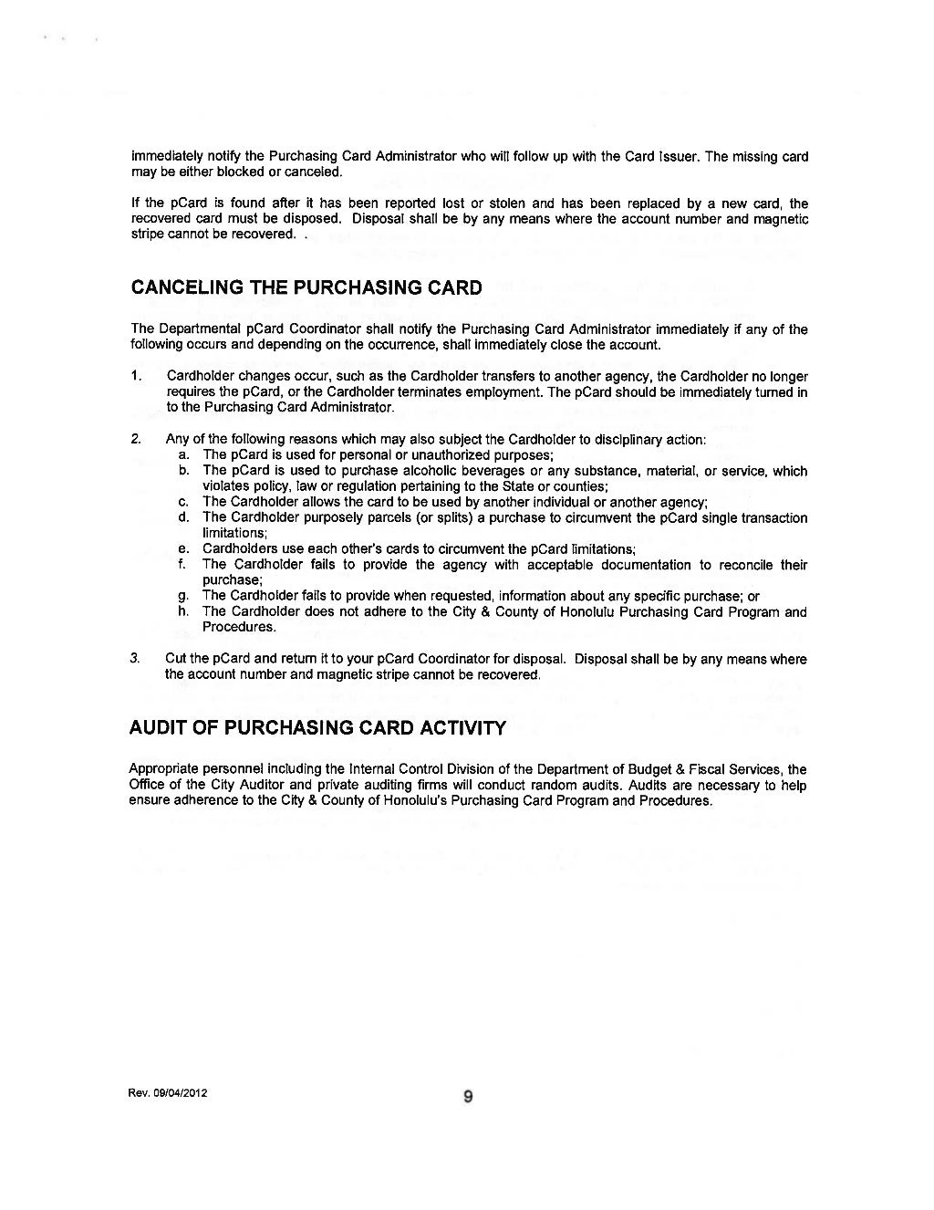 Honolulu pCard policy