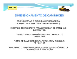 DIMENSIONAMENTO DE CAMINHÕES
CRONOMETRAR O CICLO DA CARREGADEIRA.
(CARGA / MANOBRA / DESCARGA / RETORNO).
EXEMPLO: TEMPO GASTO PARA CARREGAR 01 CAMINHÃO:
2,5 MINUTOS.
TEMPO QUE O CAMINHÃO GASTA NO SEU CICLO:
10 MINUTOS.
TOTAL DE CAMINHÕES PARA REGULAGEM DO CICLO:
10 / 2,5 = 04
REDUZINDO O TEMPO DE CARGA, AUMENTA-SE O NÚMERO DE
CAMINHÕES E A PRODUÇÃO.
 