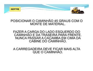 POSICIONAR O CAMINHÃO 45 GRAUS COM O
MONTE DE MATERIAL.
FAZER A CARGA DO LADO ESQUERDO DO
CAMINHÃO E DA TRASEIRA PARA FRENTE.
NUNCA PASSAR A CAÇAMBA EM CIMA DA
CABINE DO CAMINHÃO.
A CARREGADEIRA DEVE FICAR MAIS ALTA
QUE O CAMINHÃO.
 
